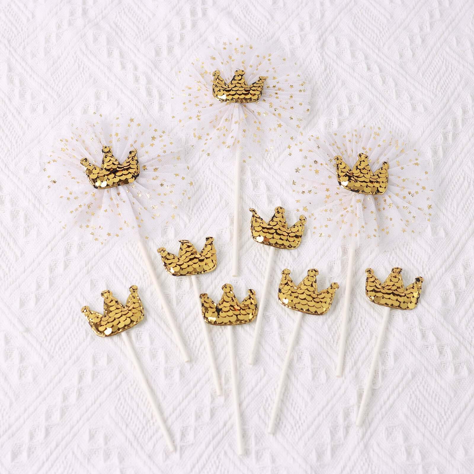 9-Pack Sequin Crown and Tutu Cupcake Cake Toppers Gold - Dazzling Princess Themed Cake Inserts DIY Party Decoration Supplies - Image 10
