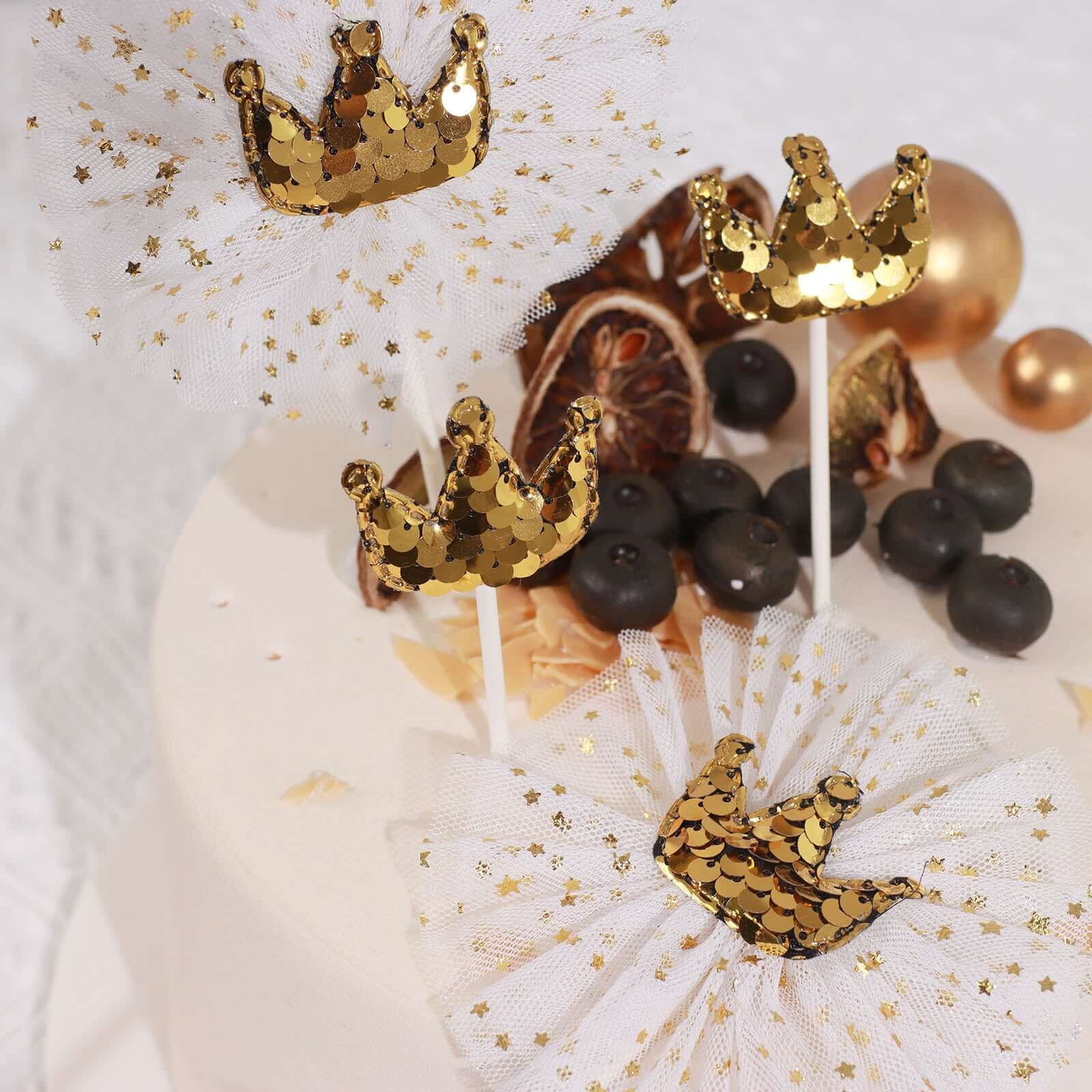 9-Pack Sequin Crown and Tutu Cupcake Cake Toppers Gold - Dazzling Princess Themed Cake Inserts DIY Party Decoration Supplies - Image 11