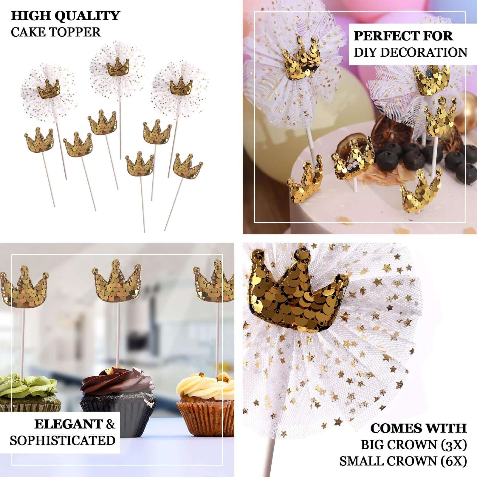 9-Pack Sequin Crown and Tutu Cupcake Cake Toppers Gold - Dazzling Princess Themed Cake Inserts DIY Party Decoration Supplies - Image 4