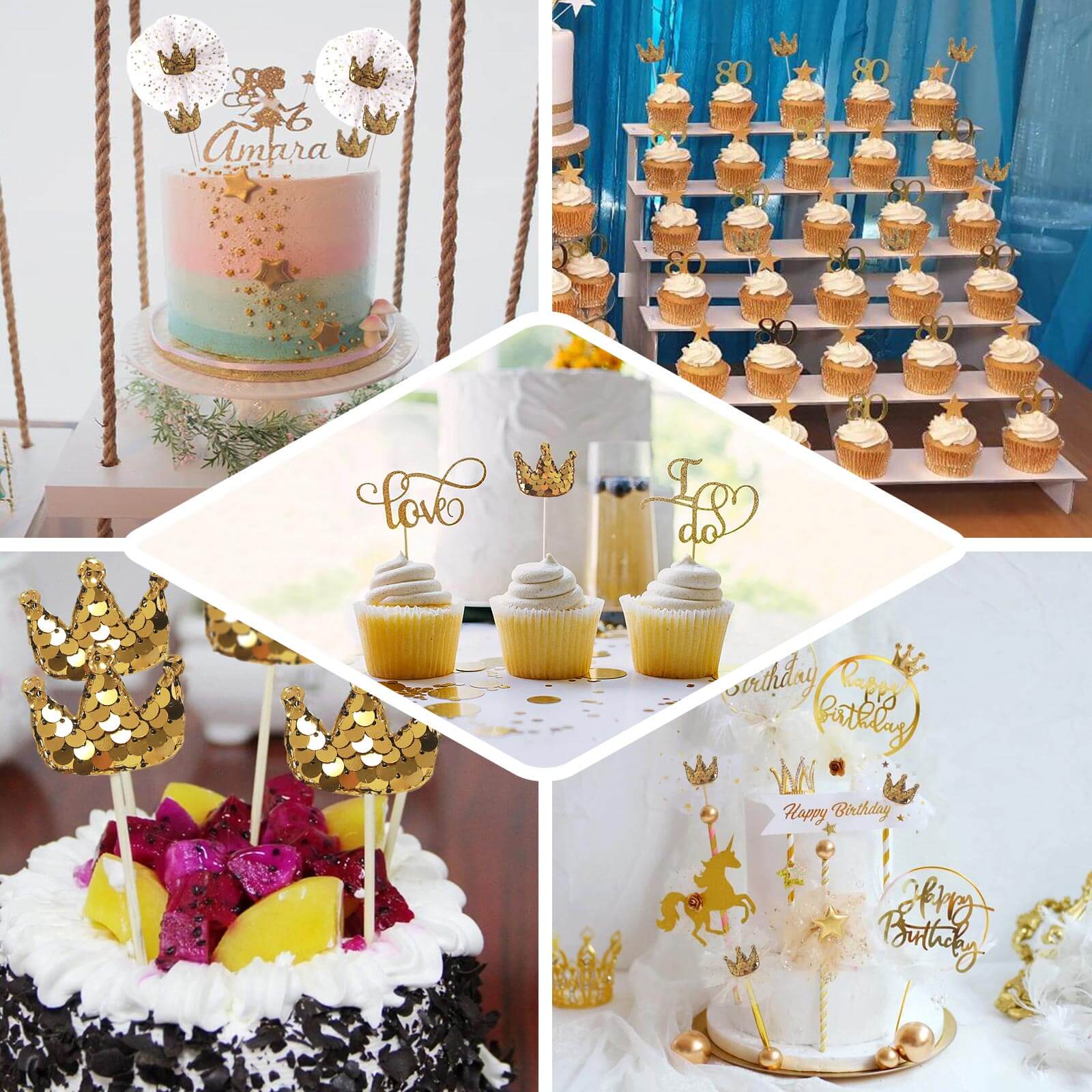 9-Pack Sequin Crown and Tutu Cupcake Cake Toppers Gold - Dazzling Princess Themed Cake Inserts DIY Party Decoration Supplies - Image 5