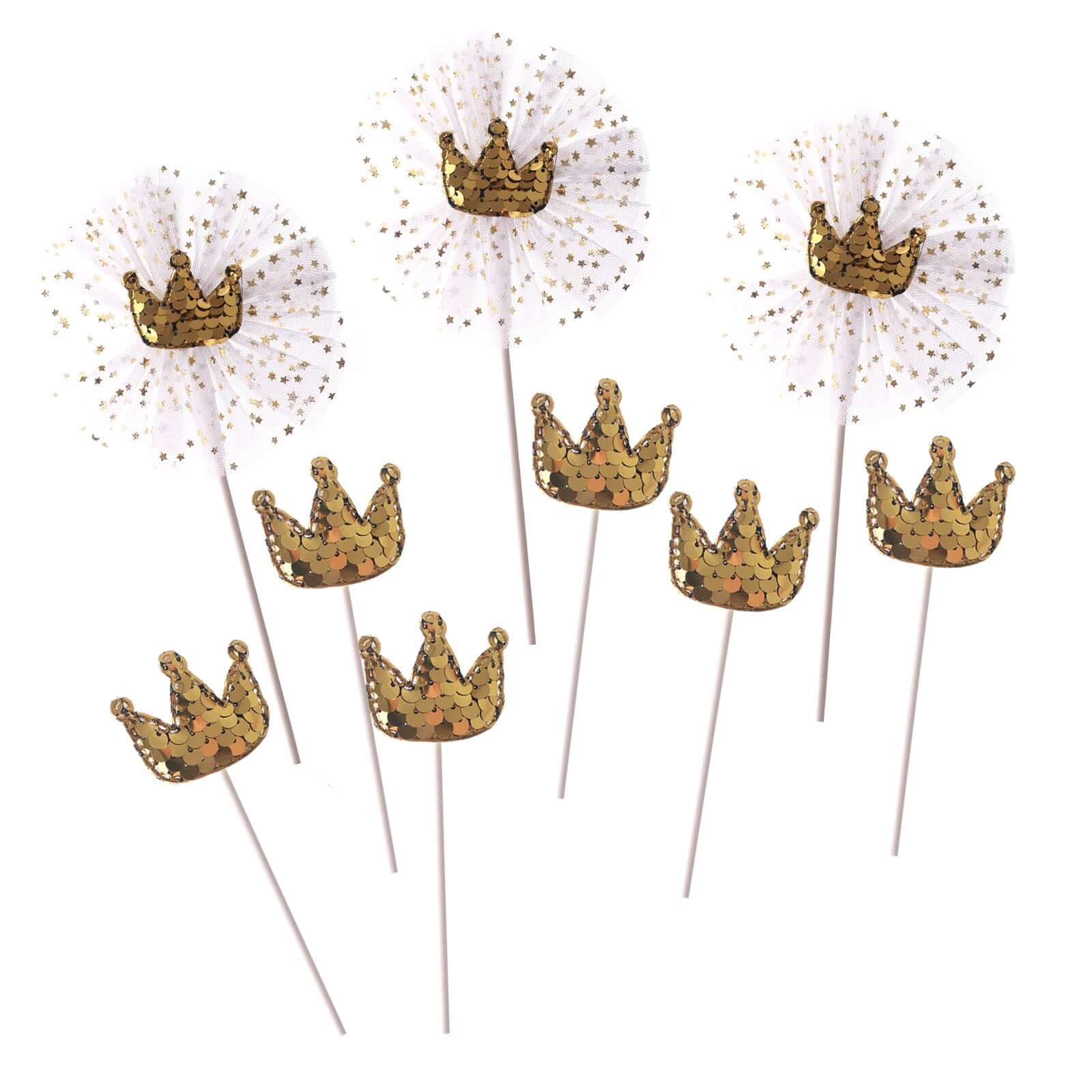 9-Pack Sequin Crown and Tutu Cupcake Cake Toppers Gold - Dazzling Princess Themed Cake Inserts DIY Party Decoration Supplies - Image 7