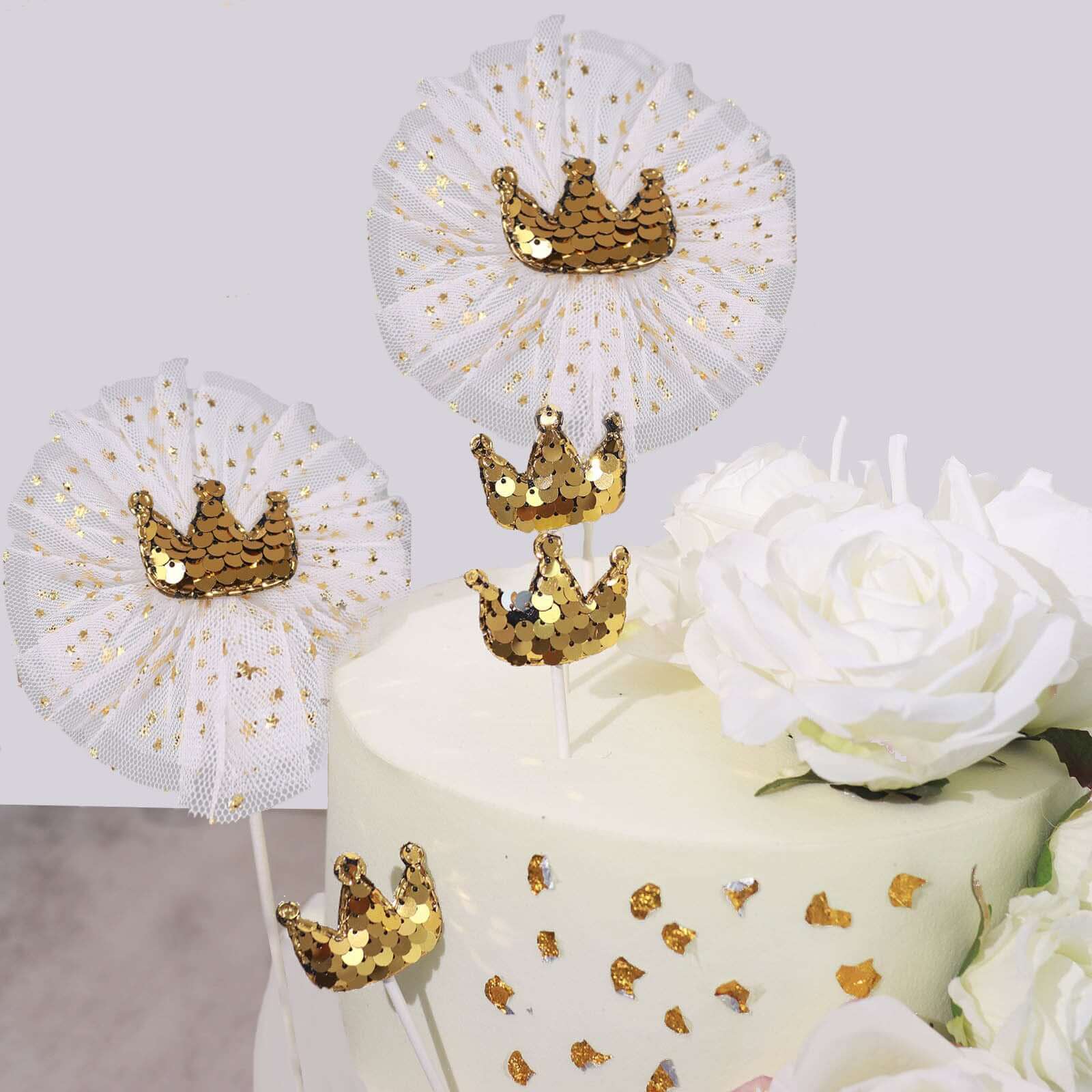 9-Pack Sequin Crown and Tutu Cupcake Cake Toppers Gold - Dazzling Princess Themed Cake Inserts DIY Party Decoration Supplies - Image 8