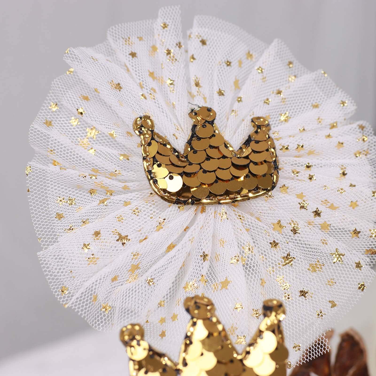 9-Pack Sequin Crown and Tutu Cupcake Cake Toppers Gold - Dazzling Princess Themed Cake Inserts DIY Party Decoration Supplies - Image 9