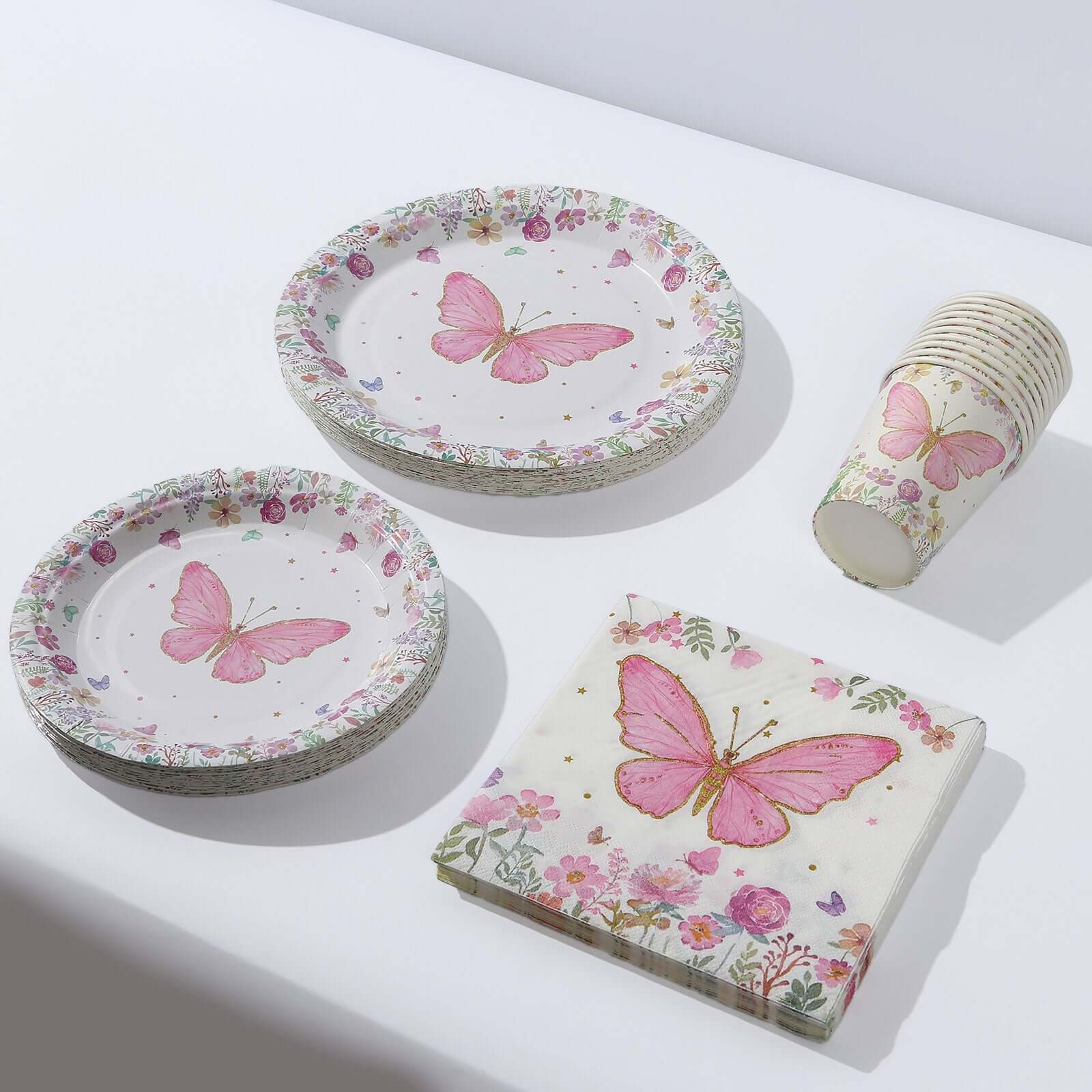 96 Pcs Paper Dinnerware Set White/Pink with Butterfly Print - Disposable Plates, Cups, and Napkins for Parties - Image 2