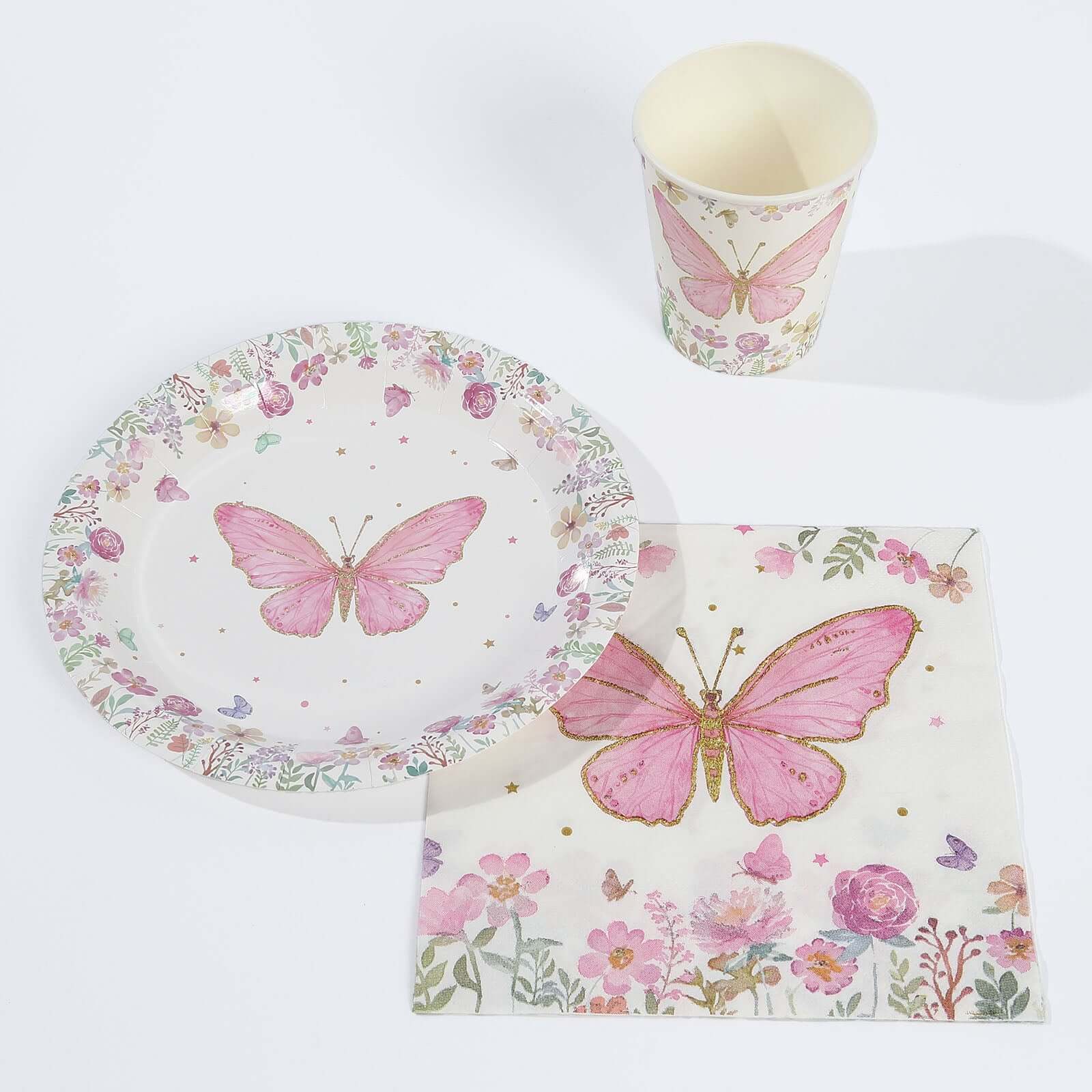 96 Pcs Paper Dinnerware Set White/Pink with Butterfly Print - Disposable Plates, Cups, and Napkins for Parties - Image 6