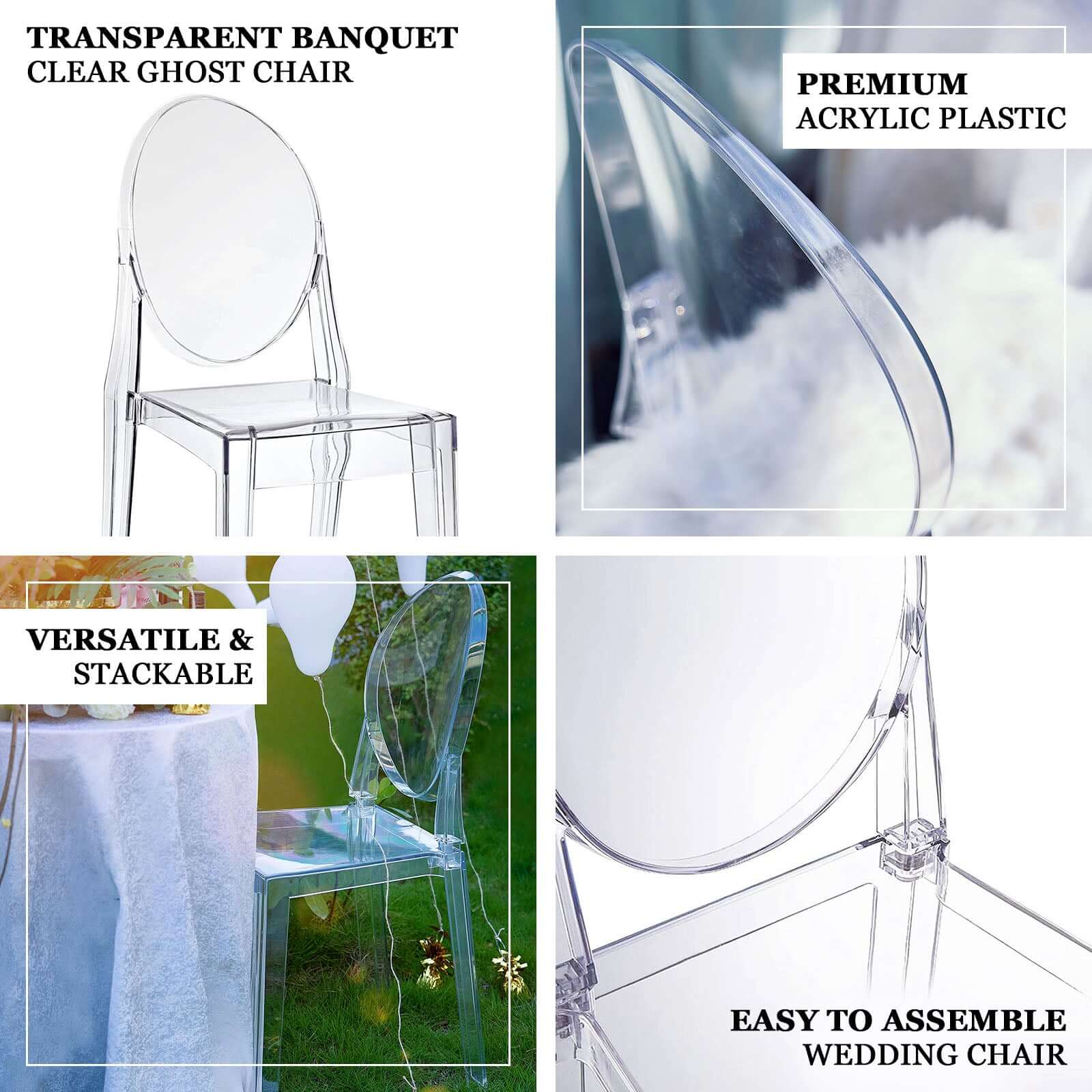8-Pack Acrylic Banquet Ghost Chairs Clear with Oval Back – Transparent Armless Design for Sophisticated Events - Image 4