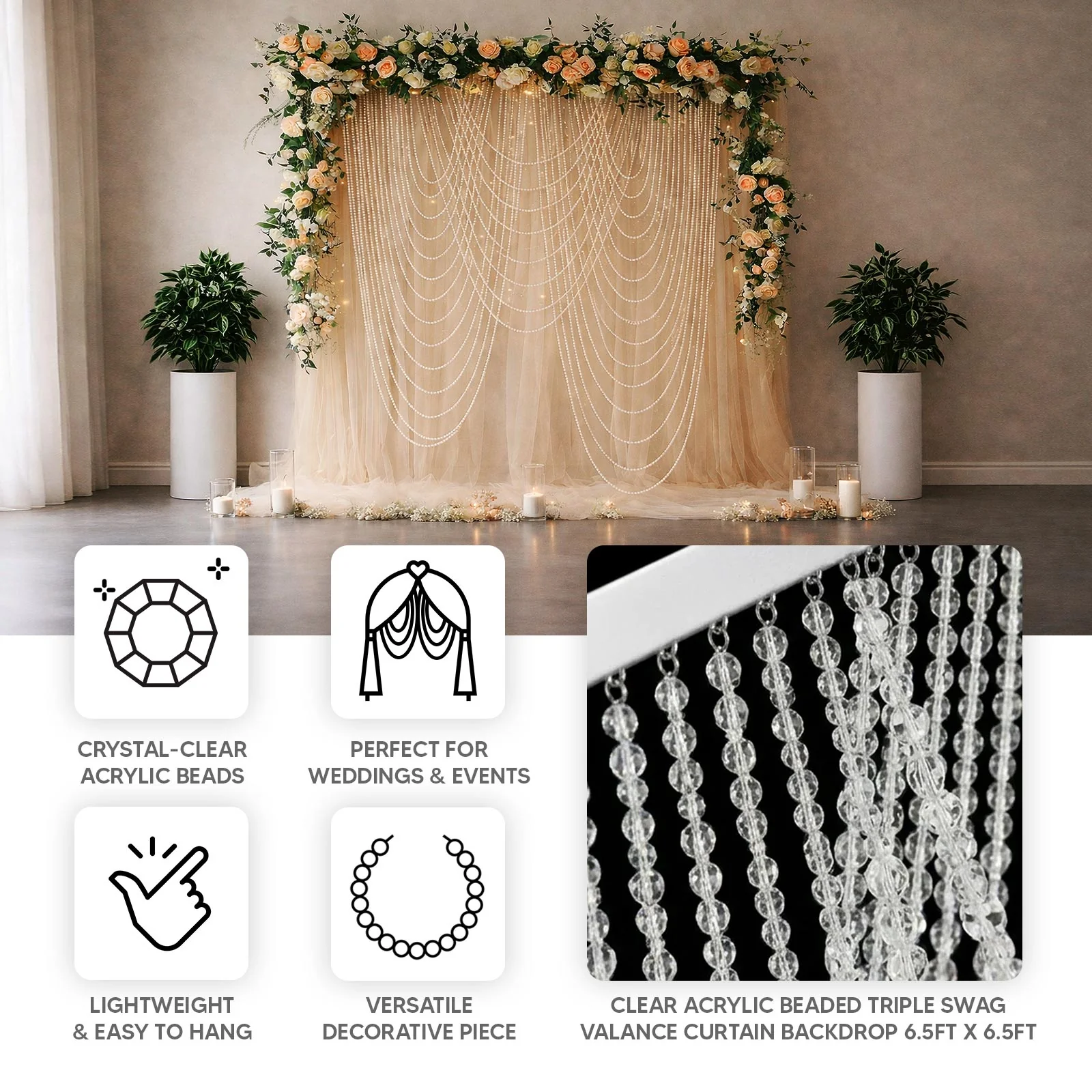 Clear Acrylic Beaded Curtain Backdrop – Triple Swag Valance for Doorway, Arch & Wall Décor, 6.5ft x 6.5ft - Image 4