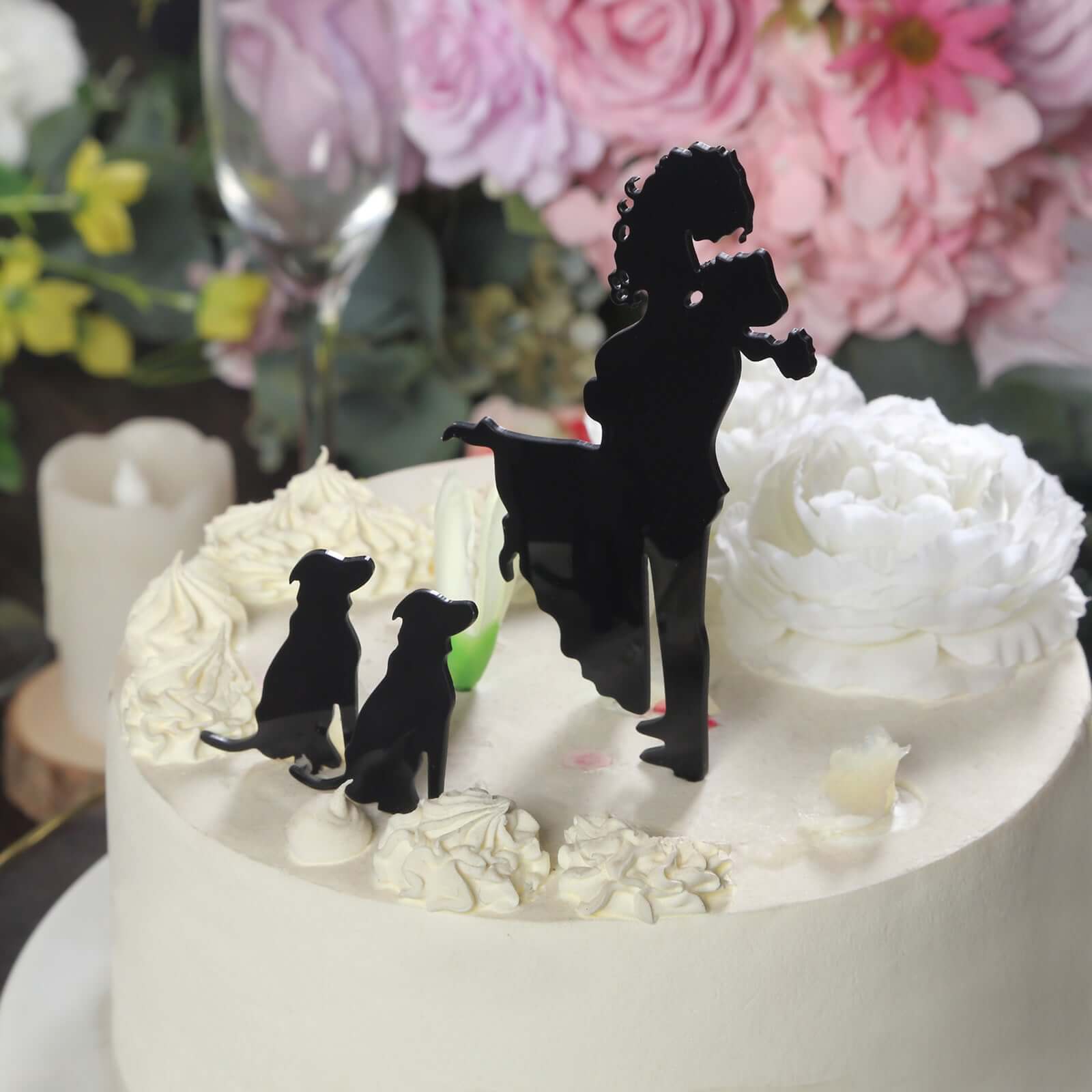 Acrylic Cake Toppers 7" Black Silhouette Design of Bride, Groom, and Pet Dogs - Wedding Cake Decoration Set - Image 12