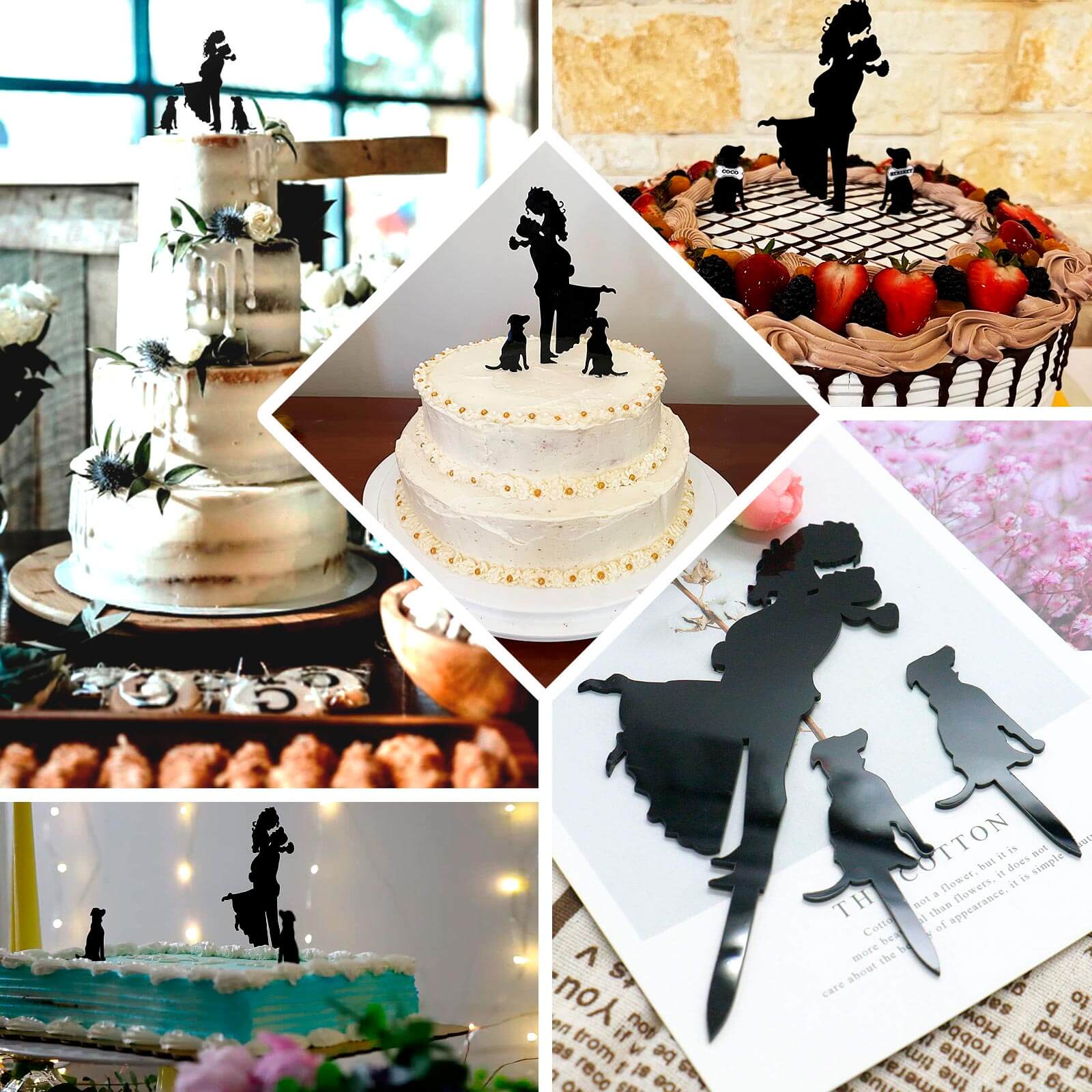 Acrylic Cake Toppers 7" Black Silhouette Design of Bride, Groom, and Pet Dogs - Wedding Cake Decoration Set - Image 5