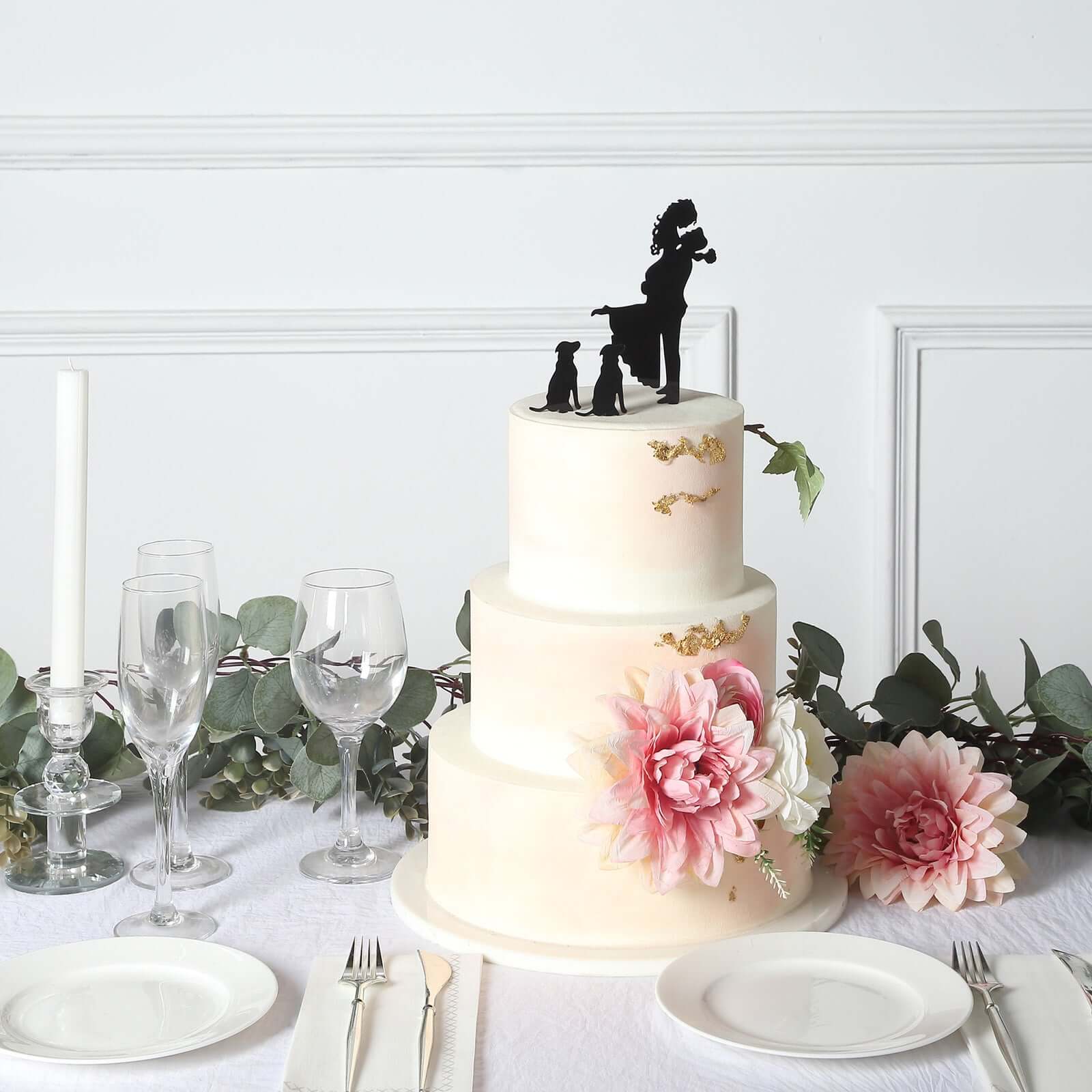 Acrylic Cake Toppers 7" Black Silhouette Design of Bride, Groom, and Pet Dogs - Wedding Cake Decoration Set - Image 8