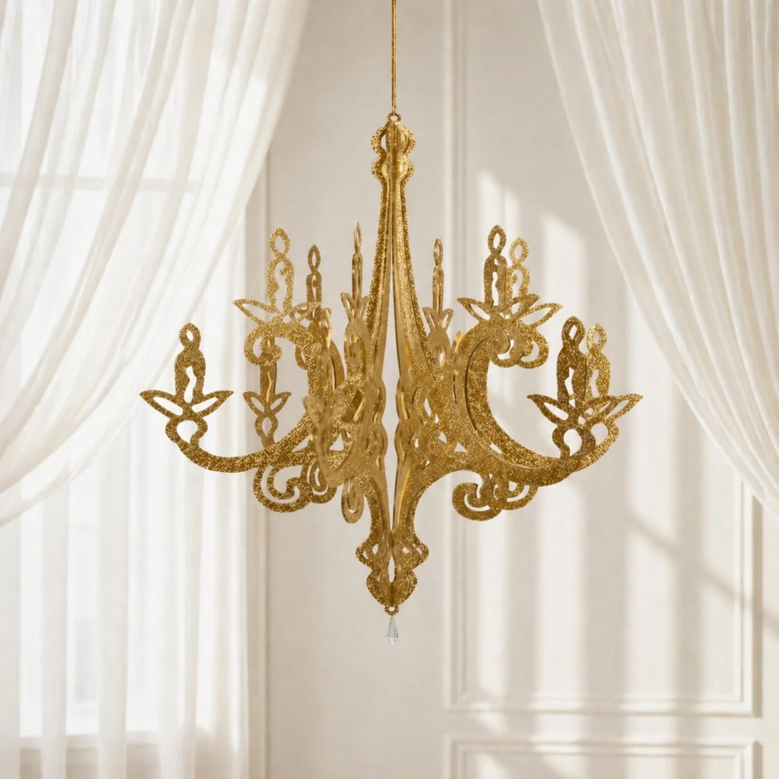 Gold Glittered Acrylic Chandelier Hanging Decor 24", 3D Interlocking Cutout Design, Ceiling Decor