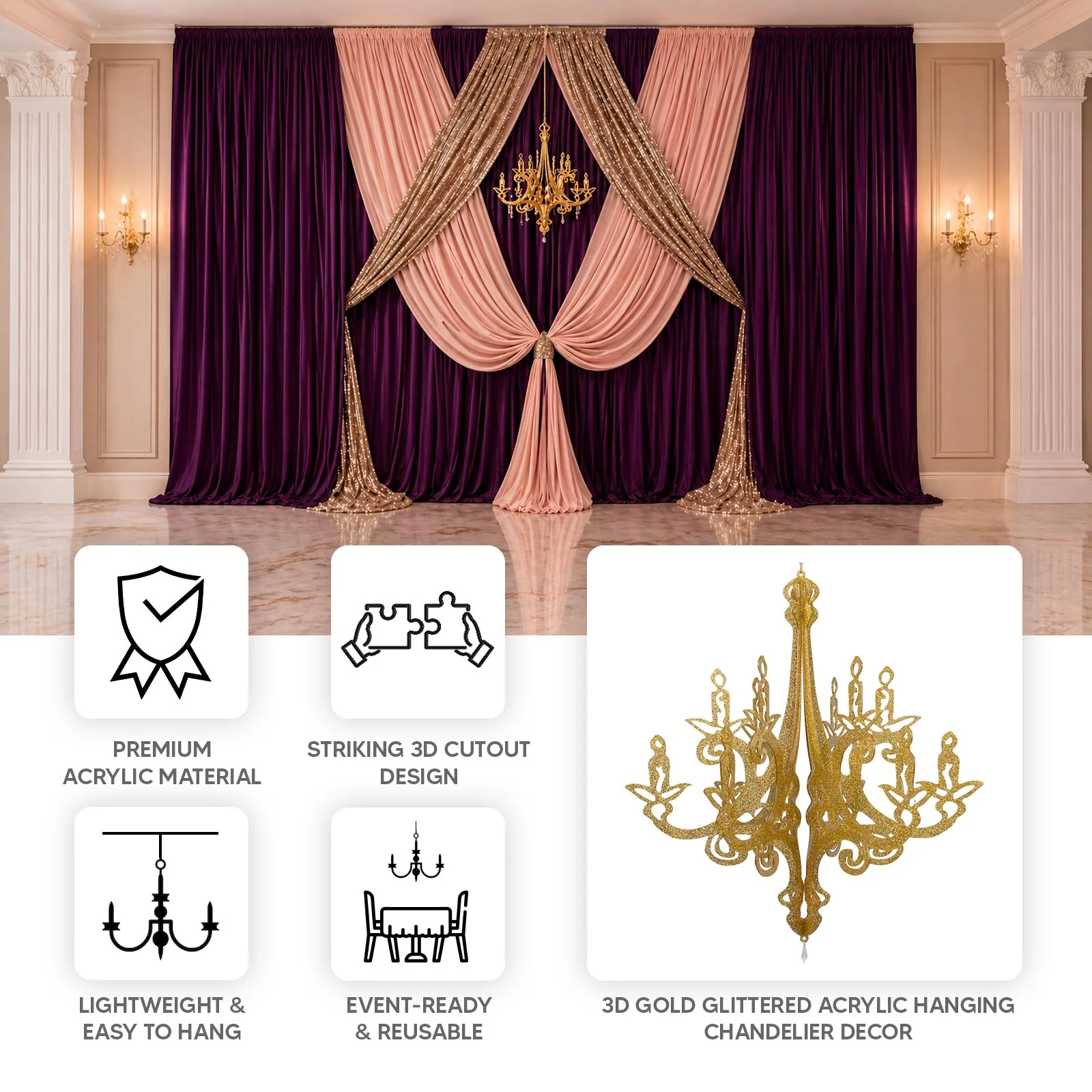 Gold Glittered Acrylic Chandelier Hanging Decor 24", 3D Interlocking Cutout Design, Ceiling Decor - Image 4