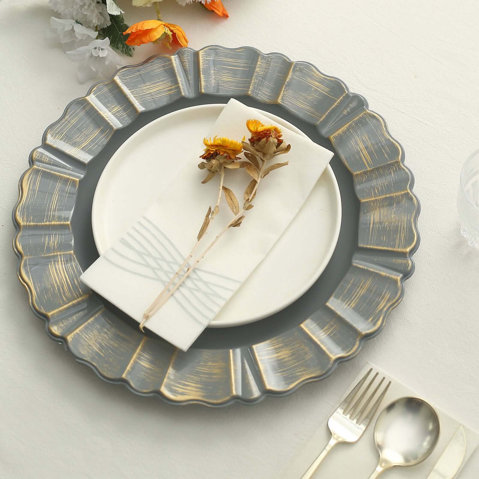 6-Pack Acrylic Plastic Charger Plates 13" Round Charcoal Gray with Gold Brushed Wavy Scalloped Rim - Dinner Charger Tableware - Image 2