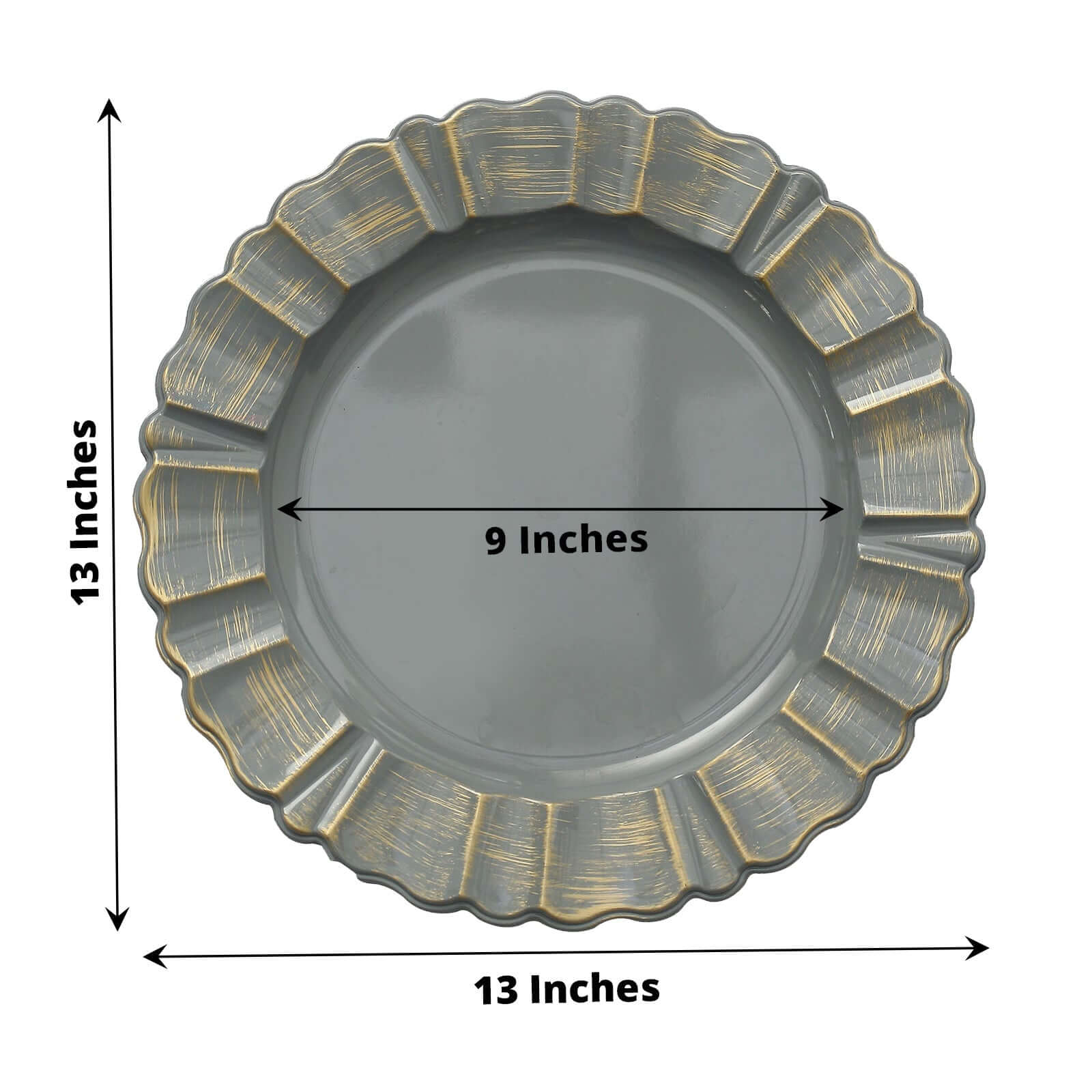 6-Pack Acrylic Plastic Charger Plates 13" Round Charcoal Gray with Gold Brushed Wavy Scalloped Rim - Dinner Charger Tableware - Image 3
