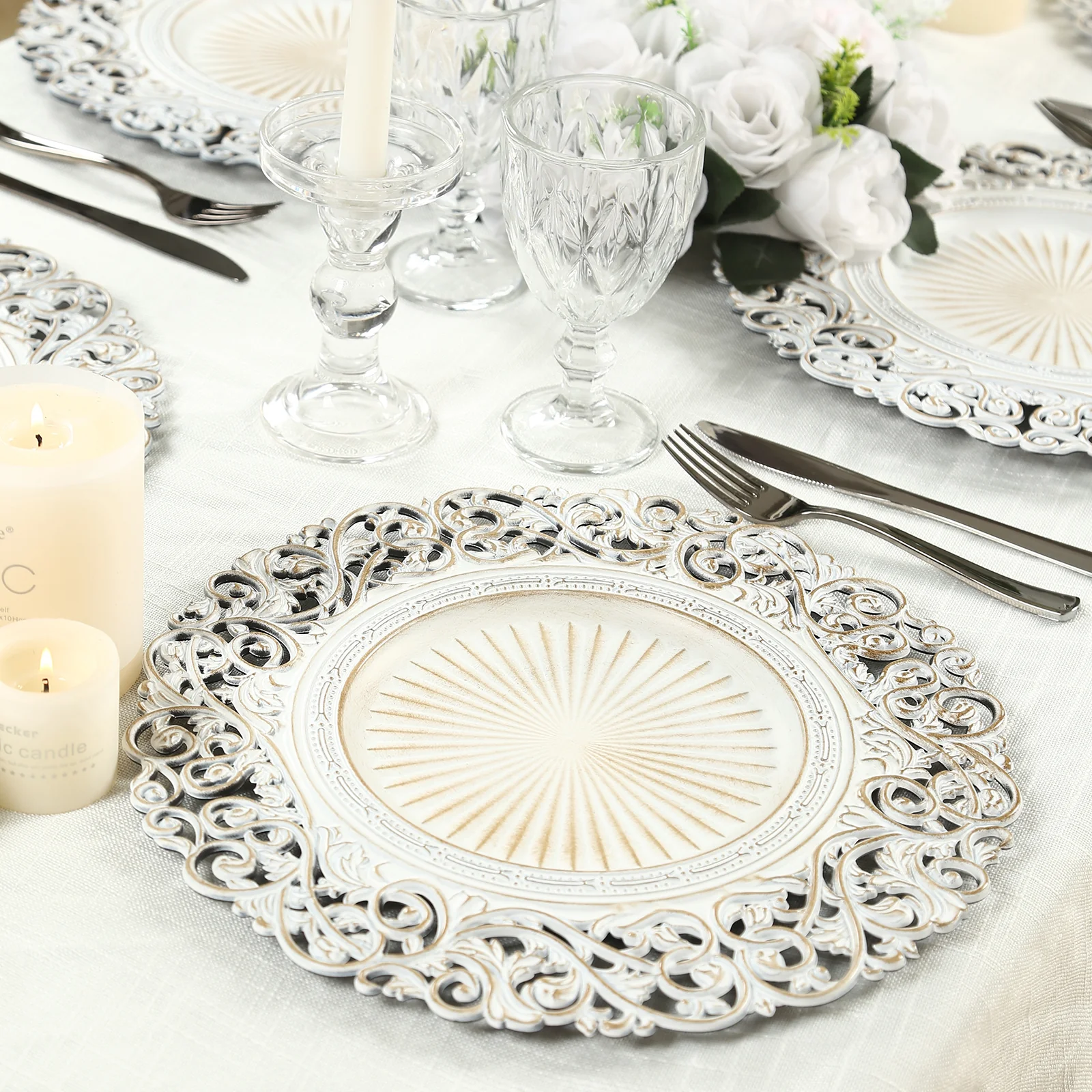 6-Pack Acrylic Charger Plates 13" Round Antique White with Vintage Floral Carved Rim - Event Tabletop Decorative Charger Tableware - Image 3