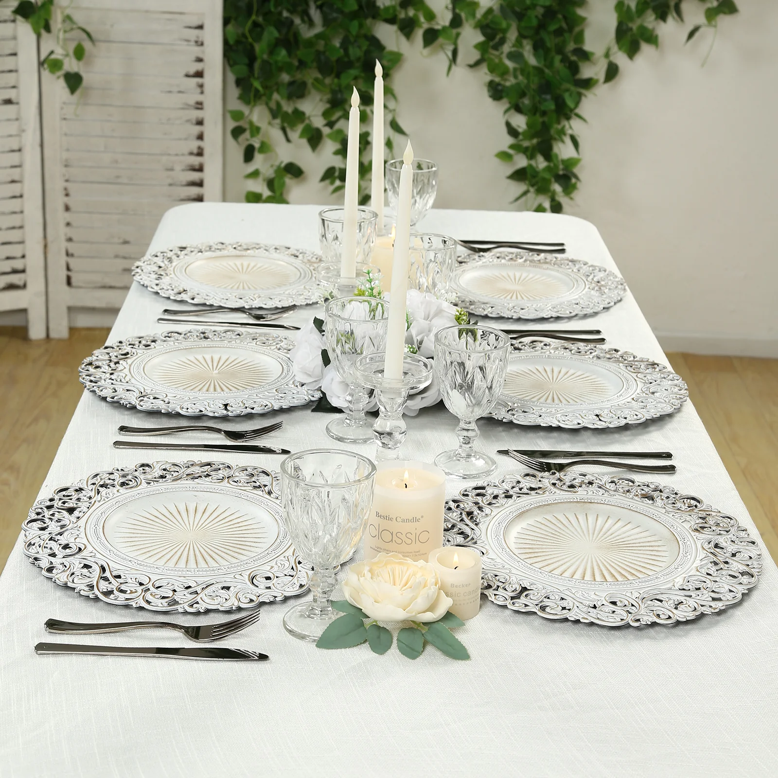 6-Pack Acrylic Charger Plates 13" Round Antique White with Vintage Floral Carved Rim - Event Tabletop Decorative Charger Tableware - Image 5