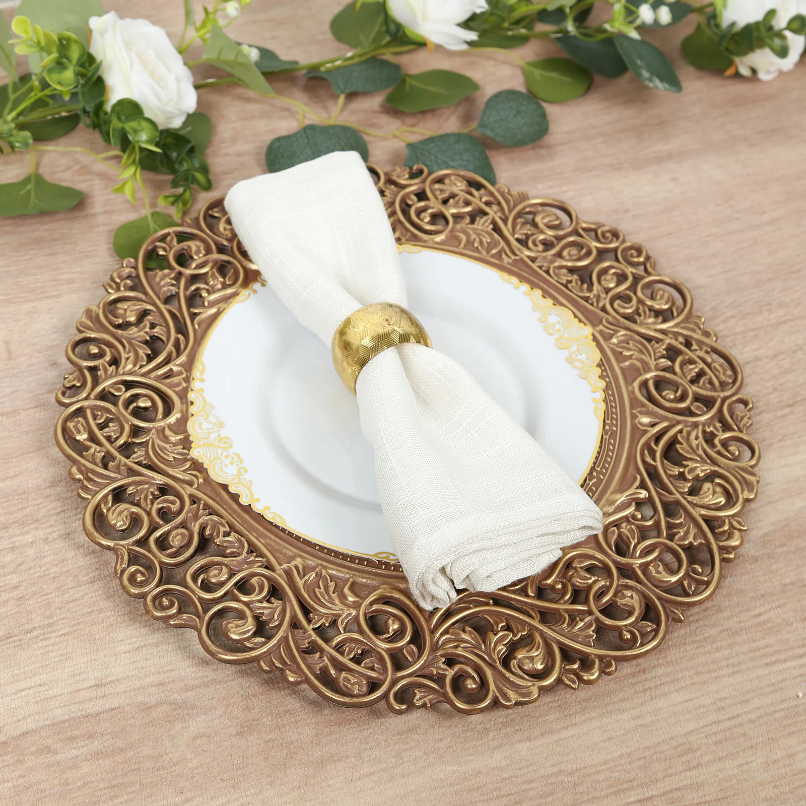 6-Pack Acrylic Charger Plates 13" Round Brown / Brushed Gold with Vintage Floral Carved Rim - Event Tabletop Decorative Charger Tableware - Image 4