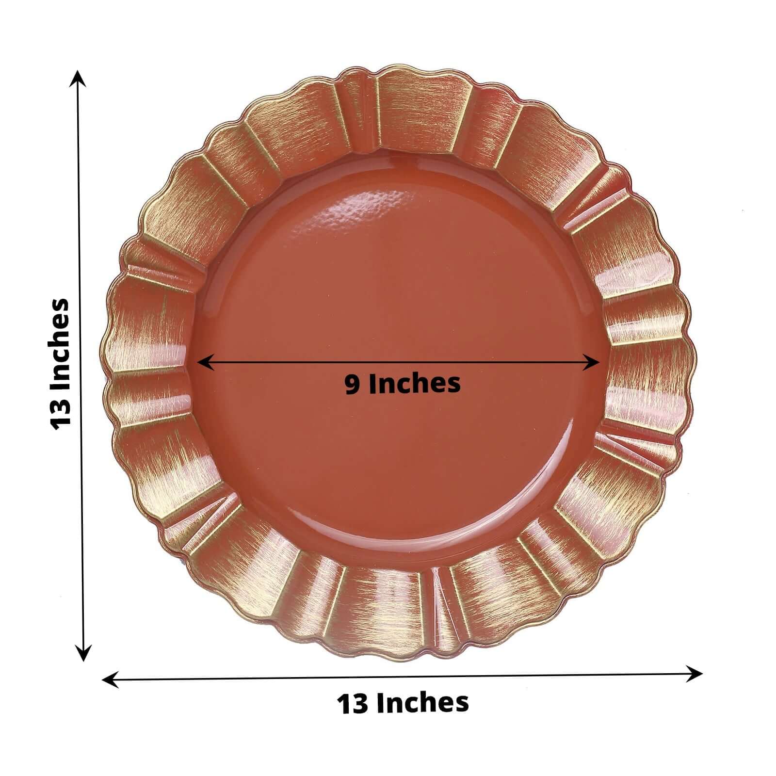 6-Pack Acrylic Plastic Charger Plates 13" Round Terracotta (Rust) with Gold Brushed Wavy Scalloped Rim - Dinner Charger Tableware - Image 3