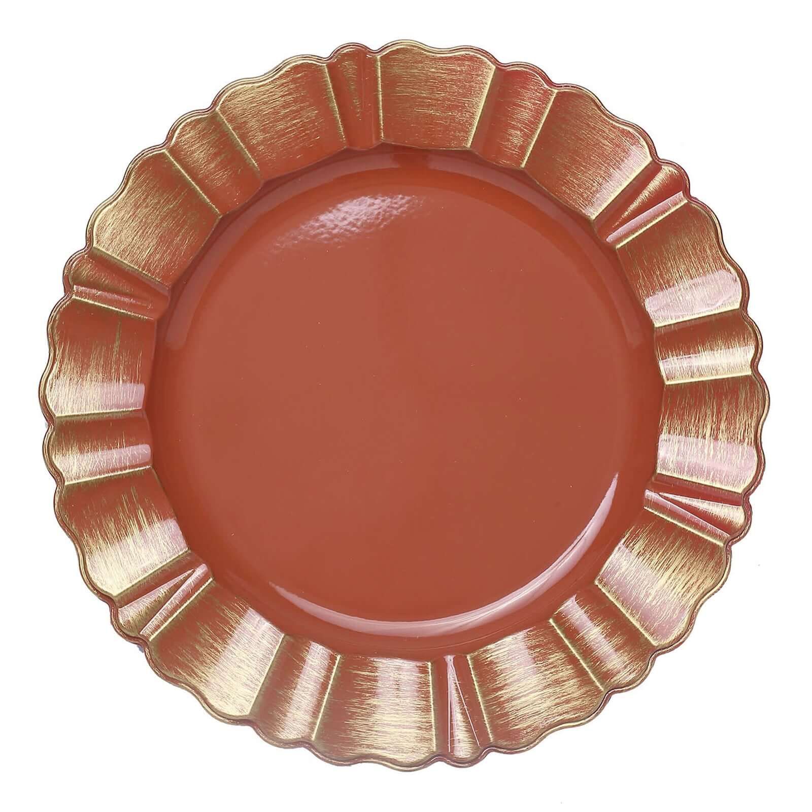 6-Pack Acrylic Plastic Charger Plates 13" Round Terracotta (Rust) with Gold Brushed Wavy Scalloped Rim - Dinner Charger Tableware - Image 6