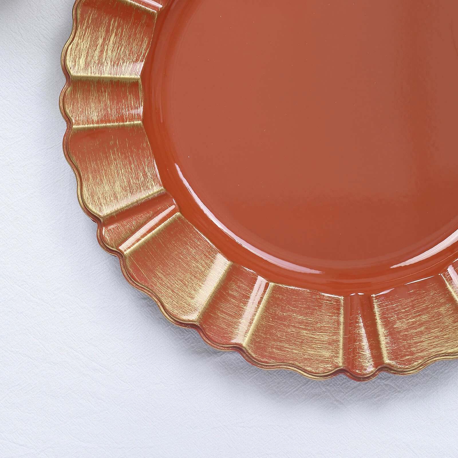 6-Pack Acrylic Plastic Charger Plates 13" Round Terracotta (Rust) with Gold Brushed Wavy Scalloped Rim - Dinner Charger Tableware - Image 7