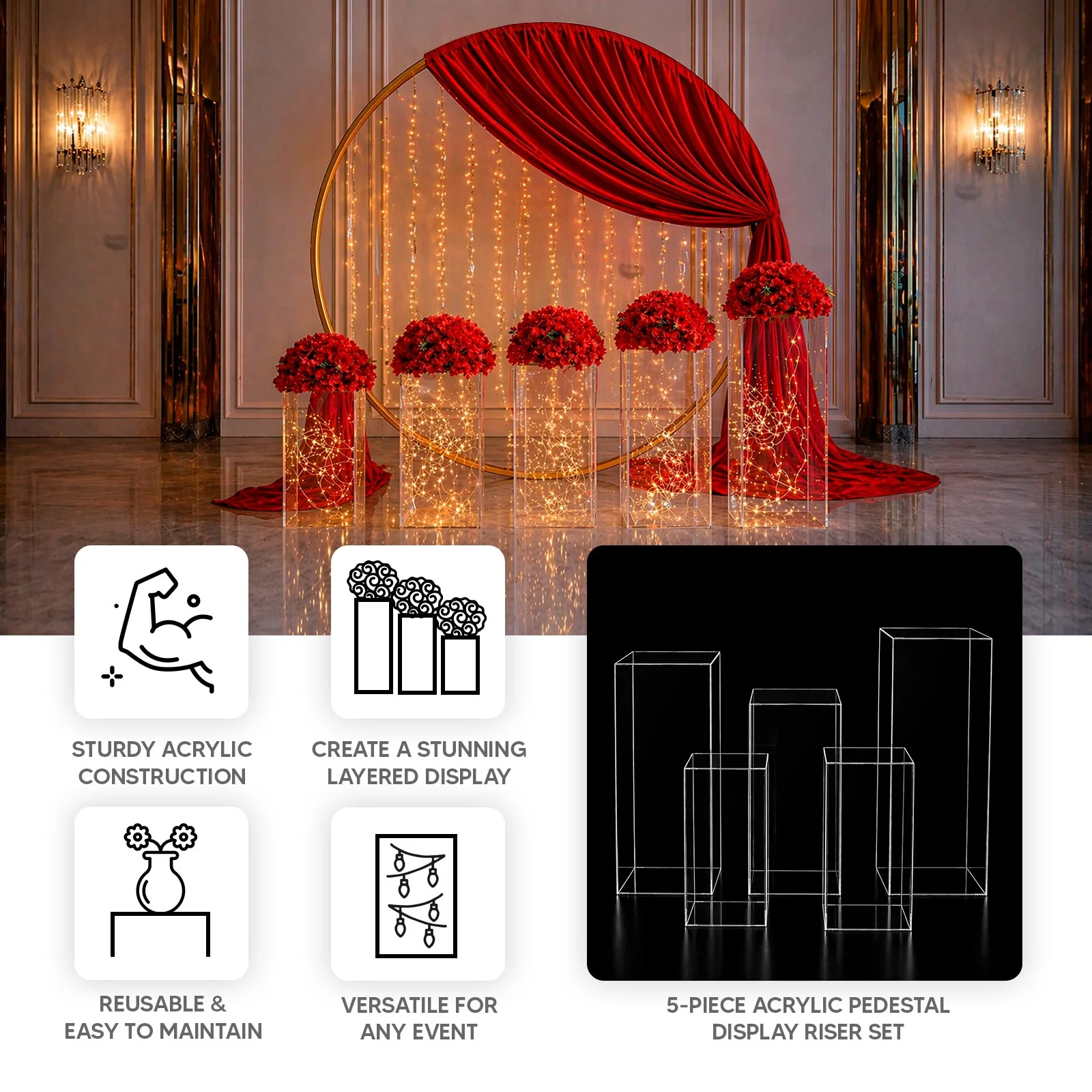 Set of 5 Clear Acrylic Pedestal Risers – Pre-Assembled Rectangular Display Stands for Weddings, Events & Product Showcases – 20", 22", 24", 28", 32" - Image 4