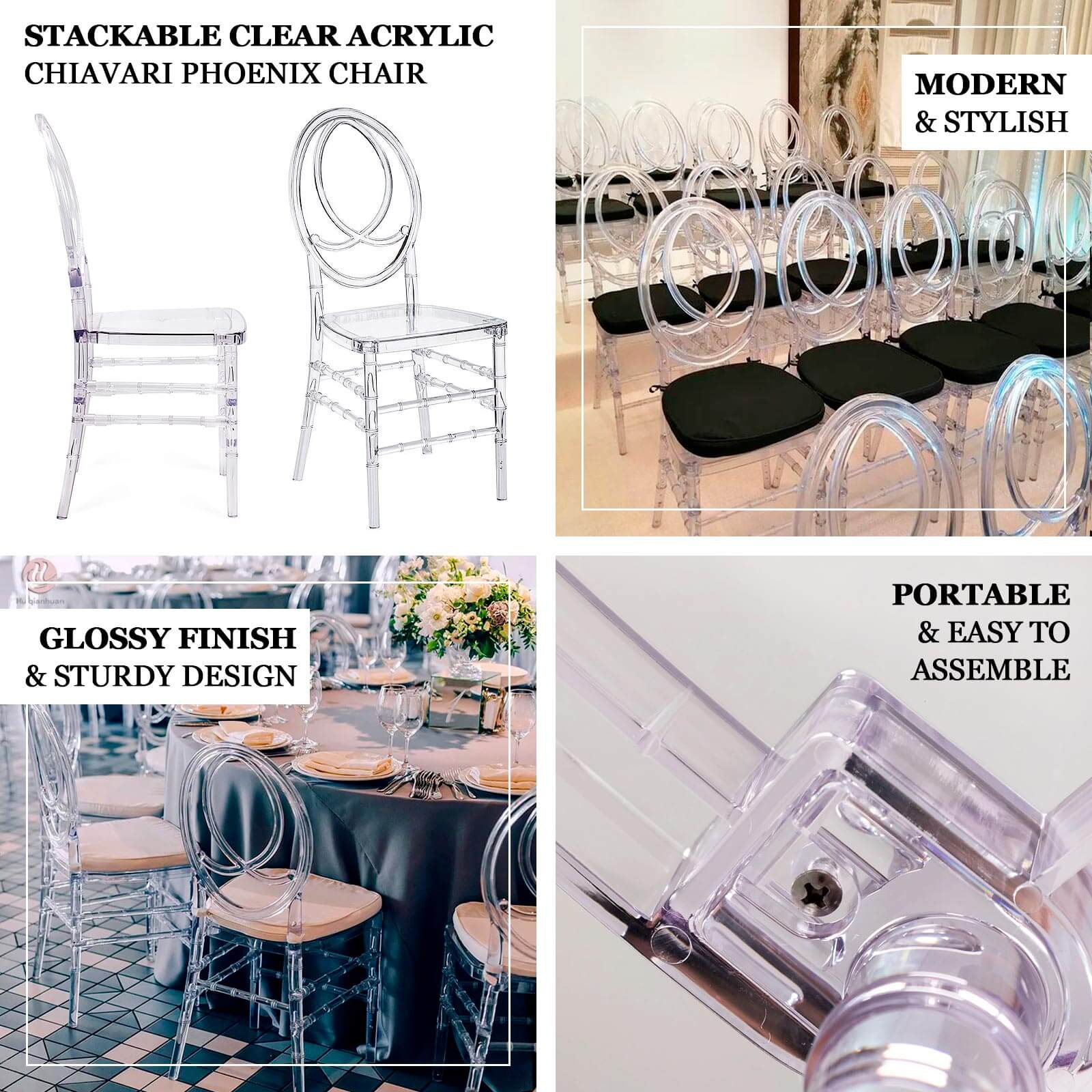 8-Pack Acrylic Phoenix Chiavari Ghost Chairs Transparent Resin Stackable with Oval Back Clear – Armless Design for Events - Image 3