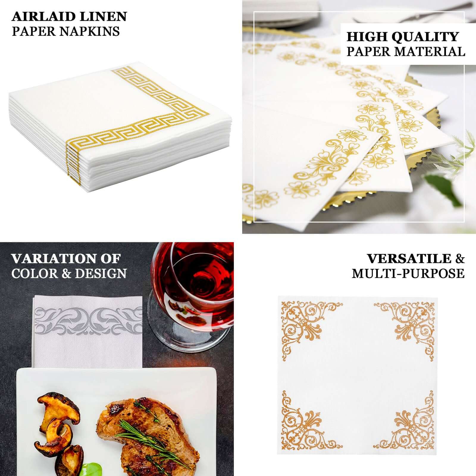 25 Pack Linen-Like Paper Napkins 8"x4" White with Metallic Gold Foil Scroll Design - Disposable Airlaid Dinner Napkins for Upscale Casual Events - Image 4