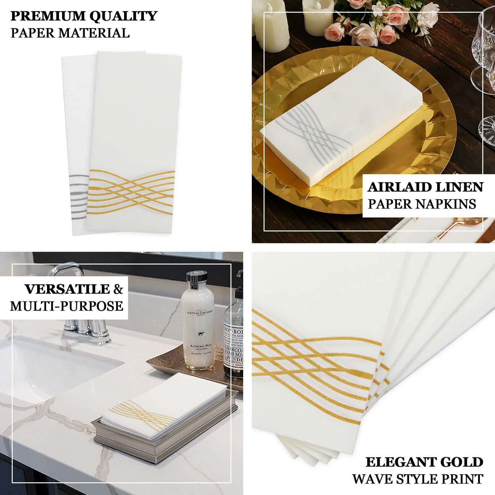 25 Pack Linen-Like Paper Napkins 8"x4" White with Metallic Gold Foil Wave Design - Disposable Airlaid Dinner Napkins for Upscale Casual Events - Image 4