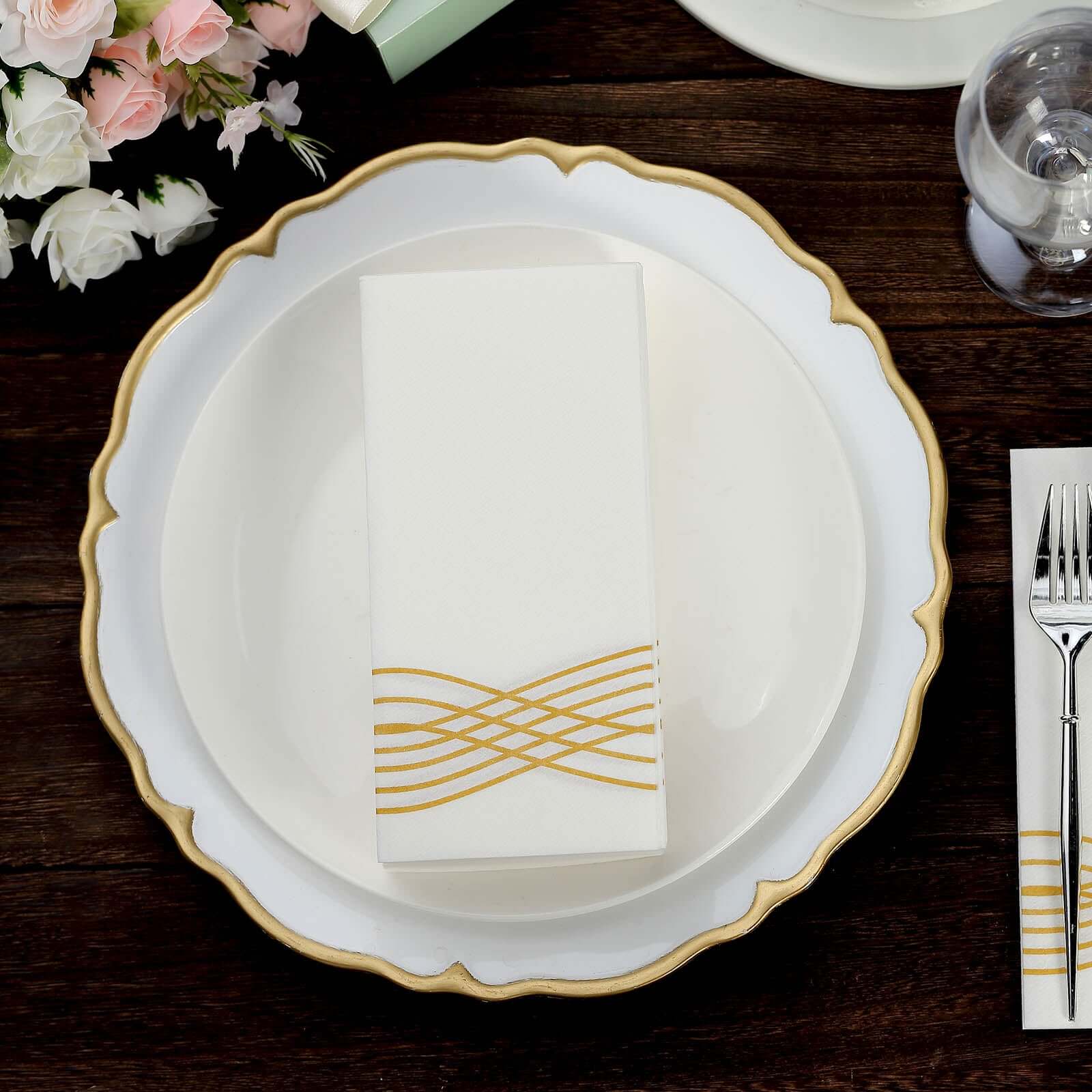 25 Pack Linen-Like Paper Napkins 8"x4" White with Metallic Gold Foil Wave Design - Disposable Airlaid Dinner Napkins for Upscale Casual Events - Image 7