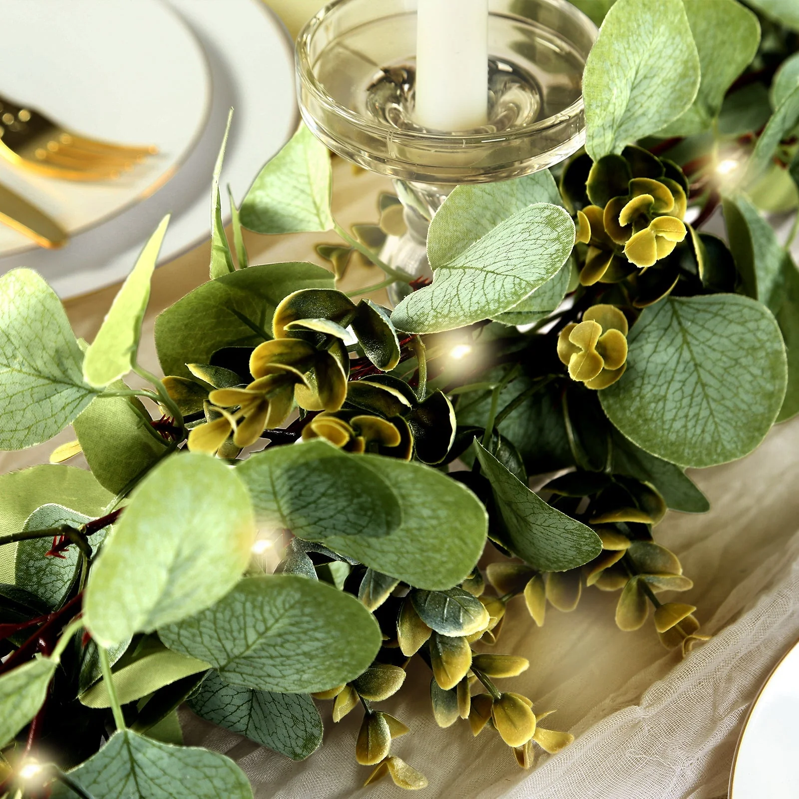 Artificial Eucalyptus and Boxwood Leaf Garland String Lights, Warm White 20 LED Battery Operated Fairy Lights with Fake Greenery Hanging Vines - 6.5ft - Image 7