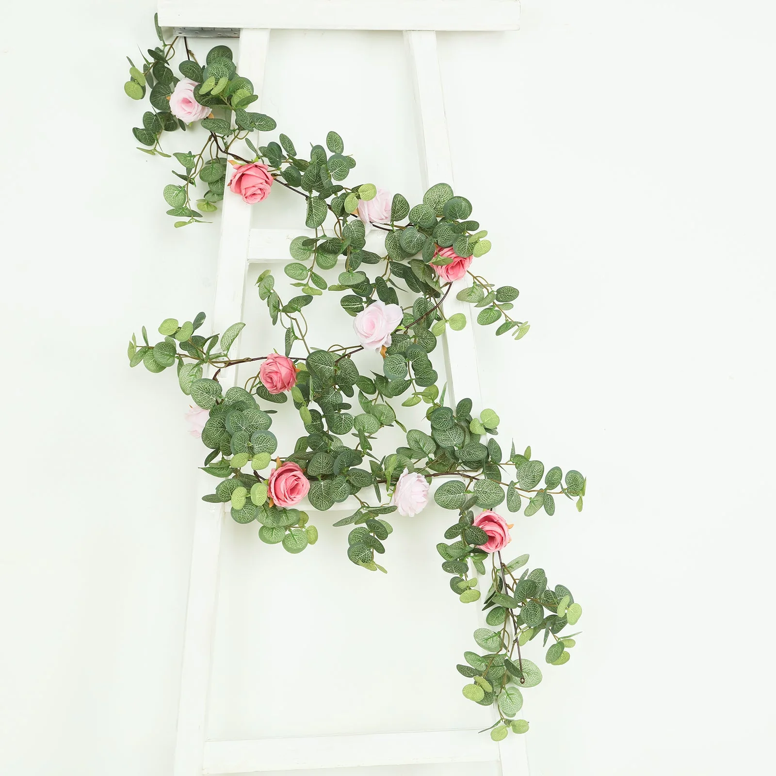 Artificial Eucalyptus Garland with Blush/Dusty Rose Silk Roses – 6ft Faux Greenery Vine - Image 3