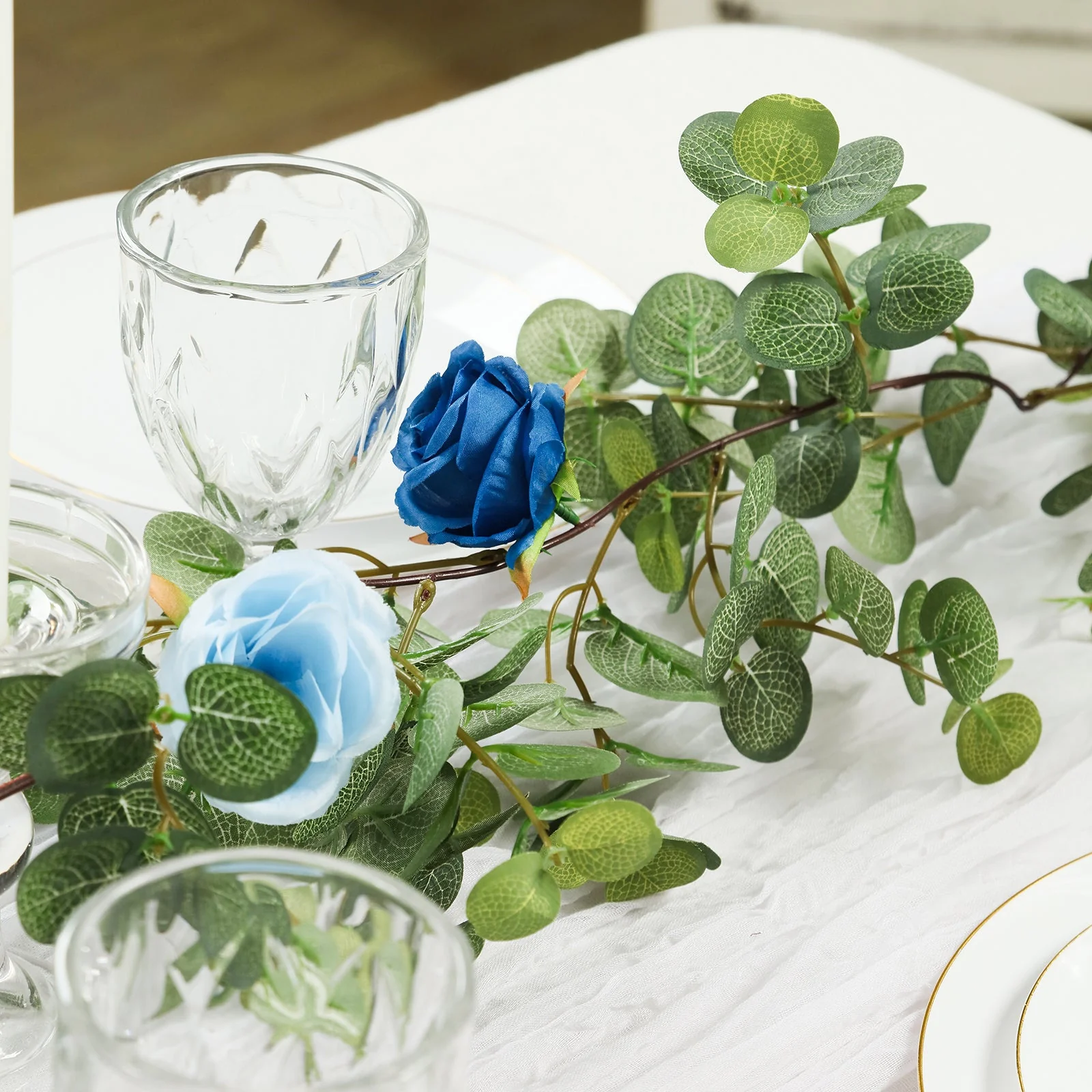 Artificial Eucalyptus Garland with Royal Blue/Light Blue Silk Roses – 6ft Faux Greenery Vine - Image 6