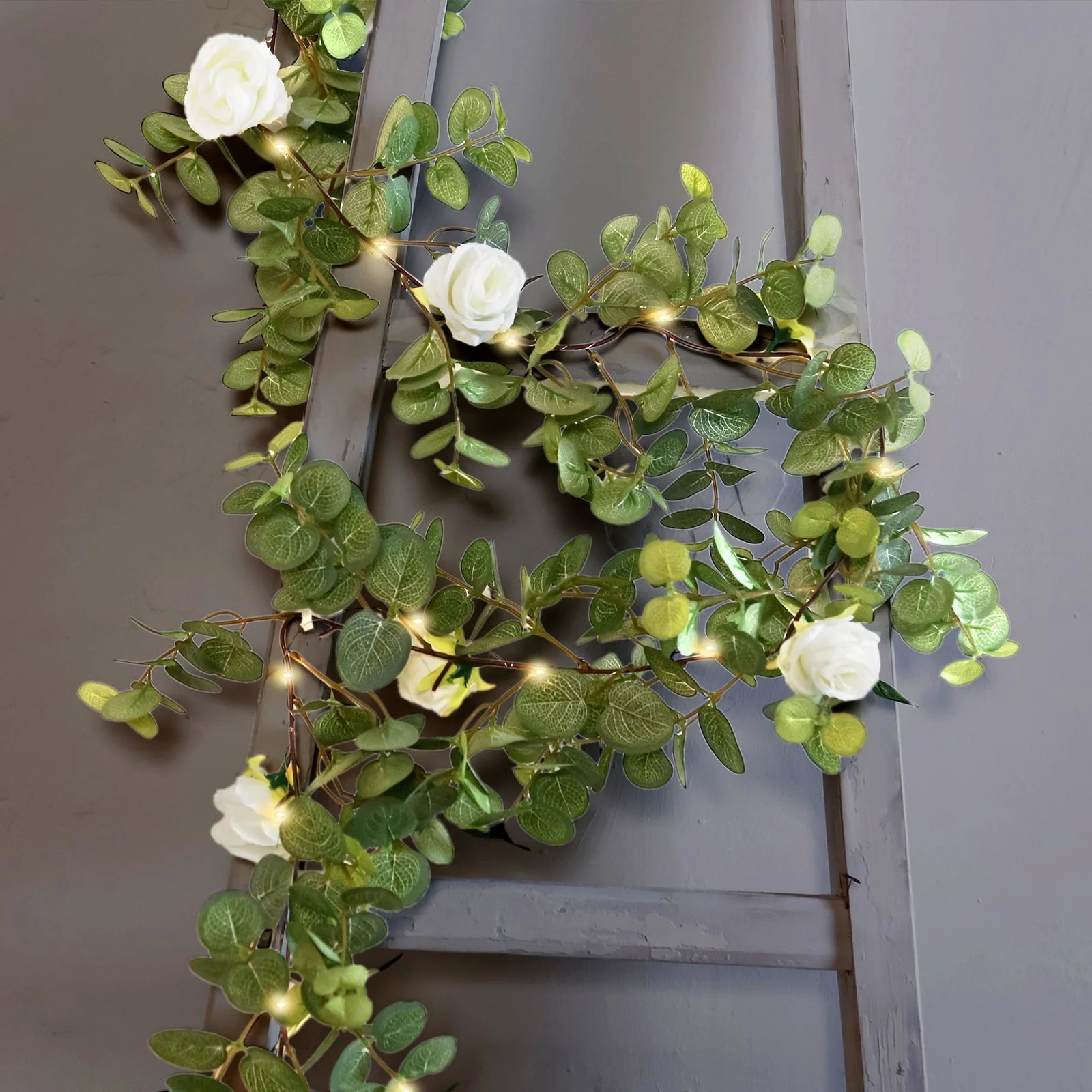 Artificial Eucalyptus Garland with String Lights & Ivory Roses – 6ft Battery-Operated Lighted Greenery Vine