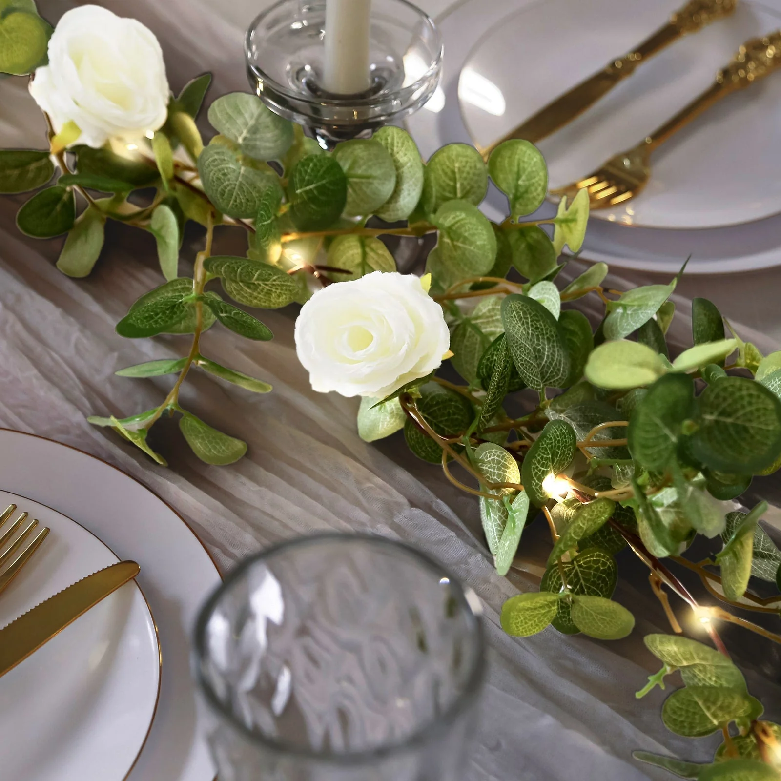 Artificial Eucalyptus Garland with String Lights & Ivory Roses – 6ft Battery-Operated Lighted Greenery Vine - Image 4