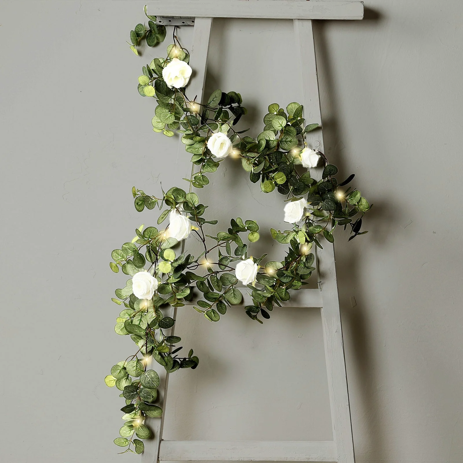 Artificial Eucalyptus Garland with String Lights & Ivory Roses – 6ft Battery-Operated Lighted Greenery Vine - Image 6