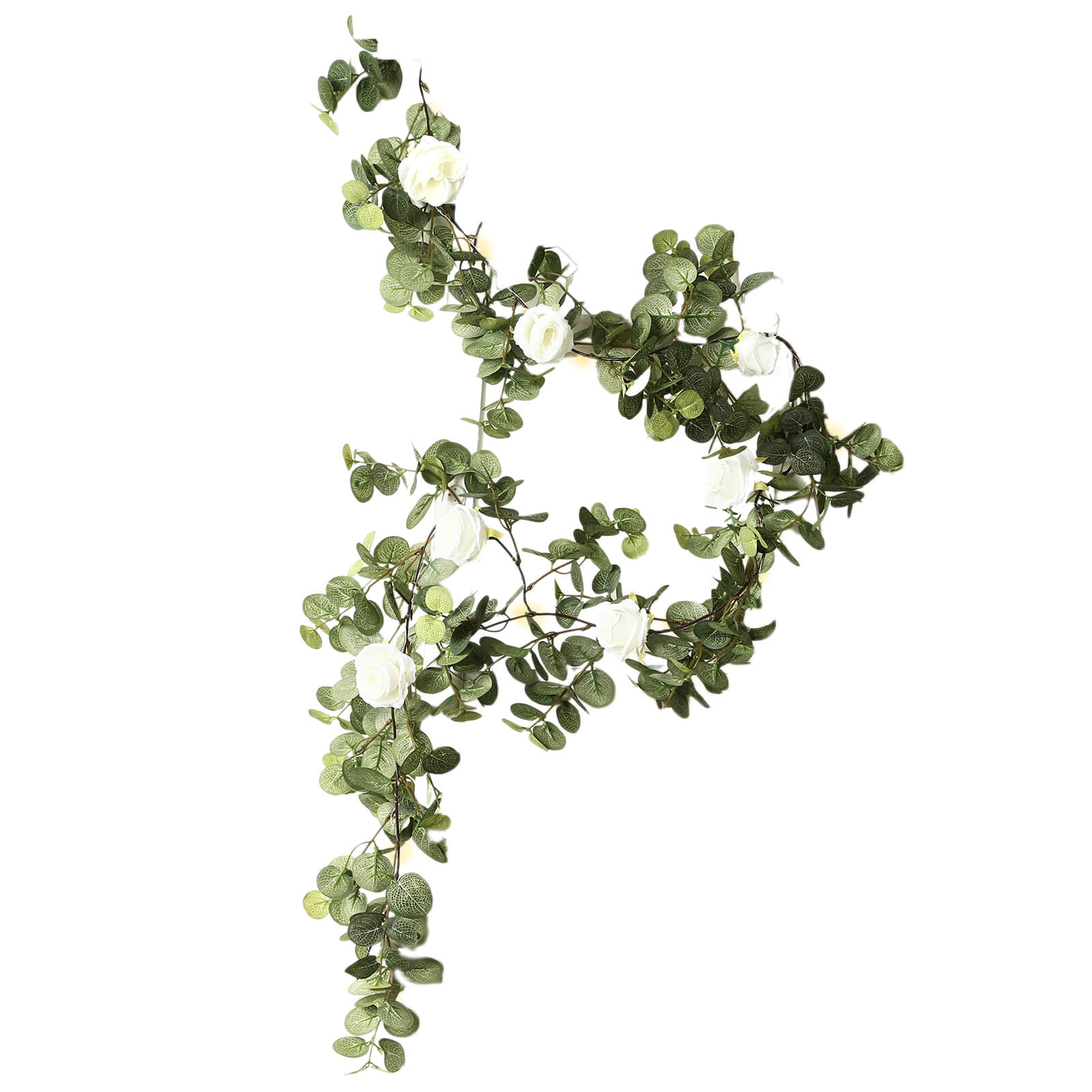 Artificial Eucalyptus Garland with String Lights & Ivory Roses – 6ft Battery-Operated Lighted Greenery Vine - Image 7