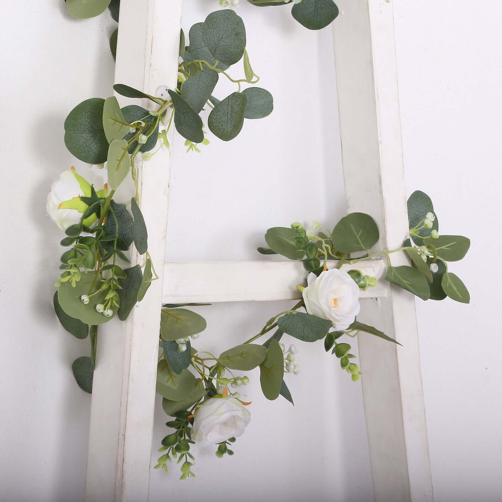 Artificial Eucalyptus Leaf Table Garland With 7 White Rose Flower Heads, Floral Greenery Hanging Vines - 5.5ft - Image 2