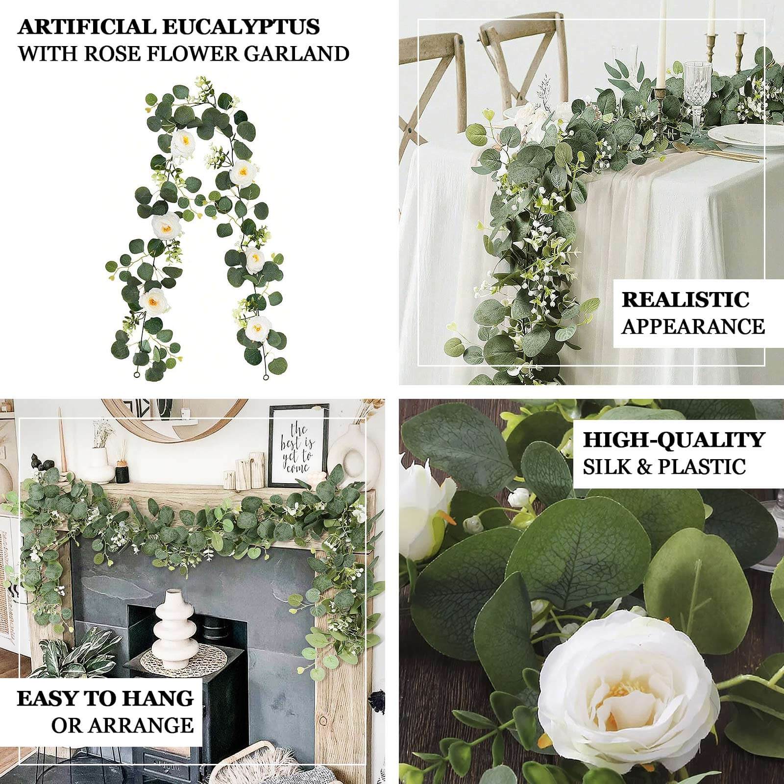 Artificial Eucalyptus Leaf Table Garland With 7 White Rose Flower Heads, Floral Greenery Hanging Vines - 5.5ft - Image 4