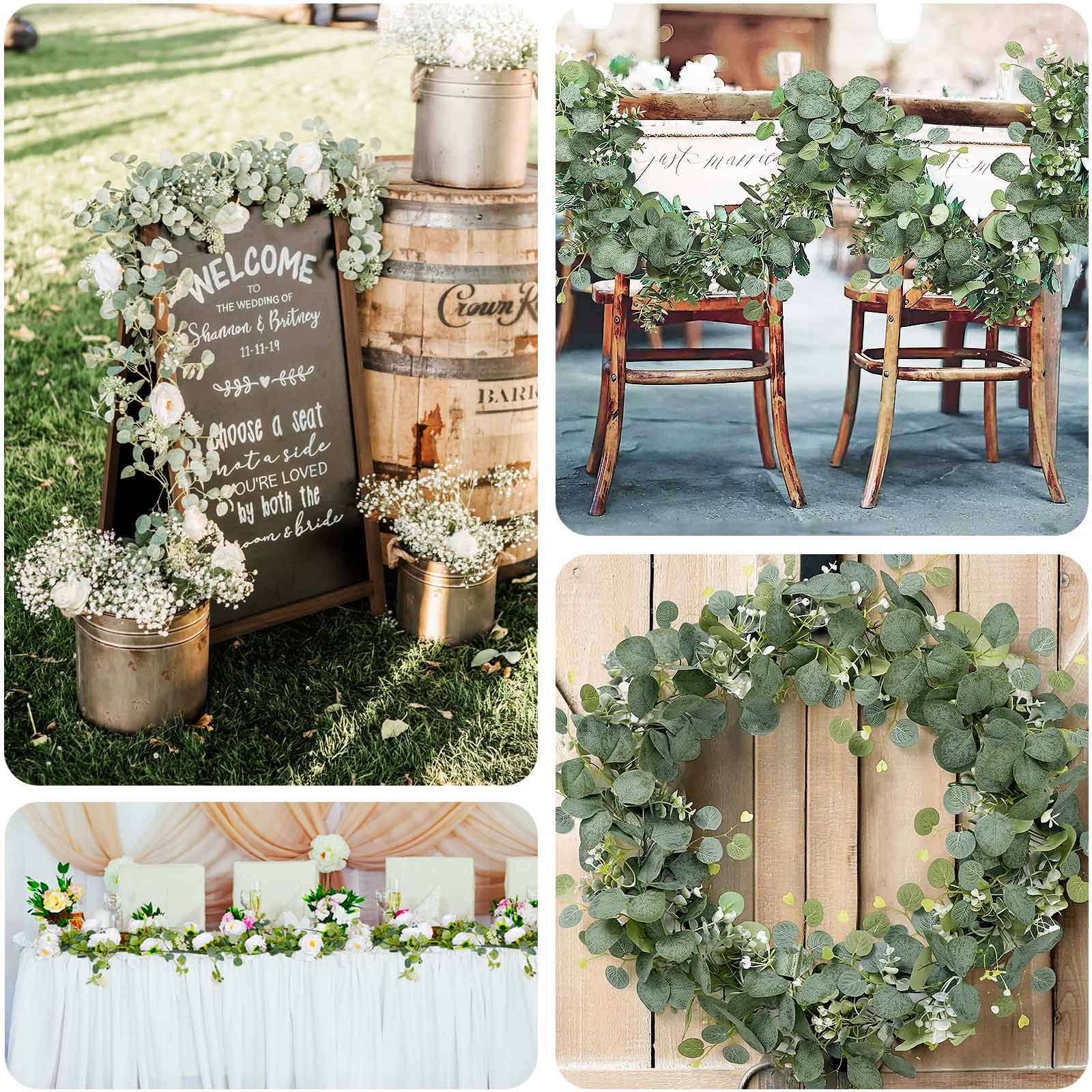 Artificial Eucalyptus Leaf Table Garland With 7 White Rose Flower Heads, Floral Greenery Hanging Vines - 5.5ft - Image 5