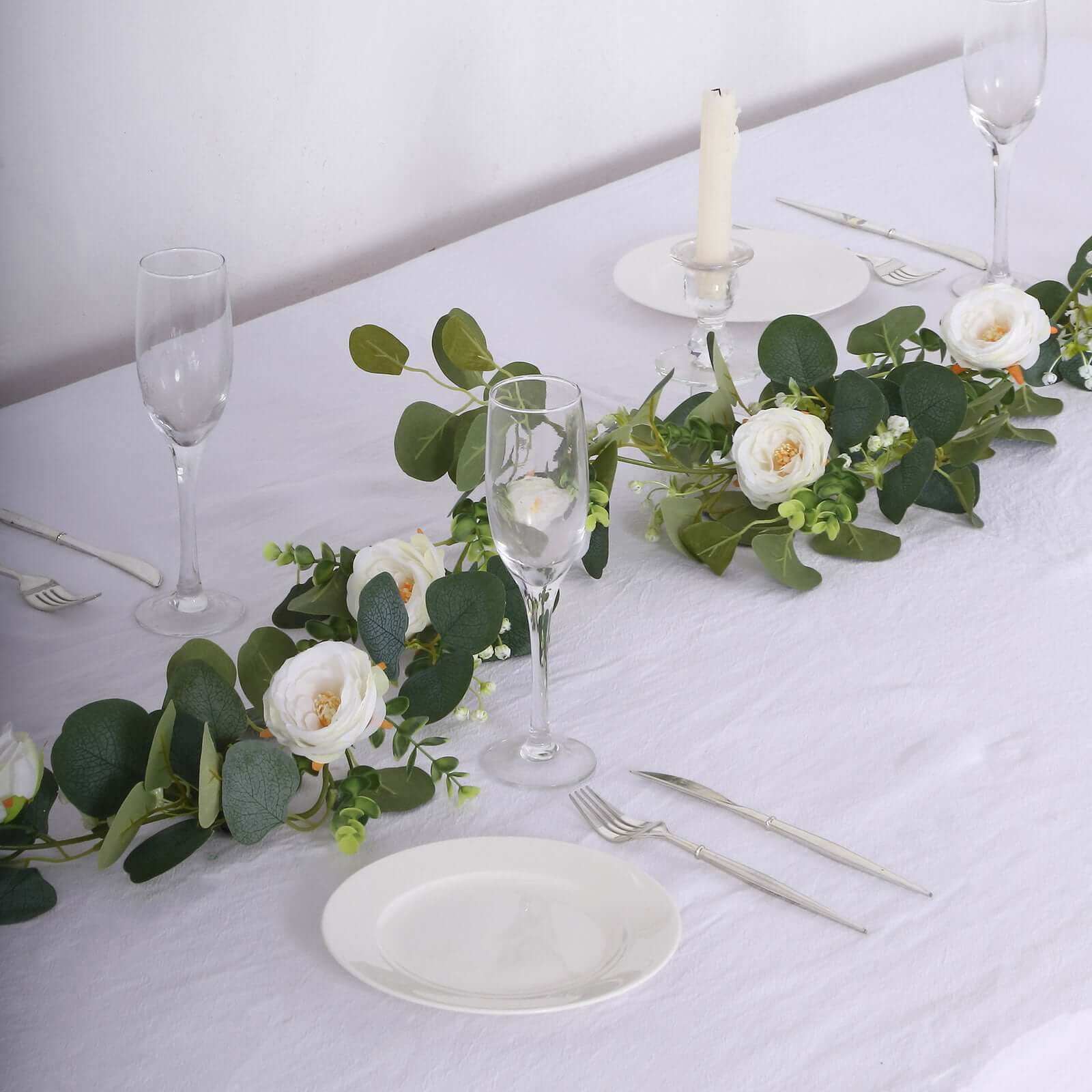 Artificial Eucalyptus Leaf Table Garland With 7 White Rose Flower Heads, Floral Greenery Hanging Vines - 5.5ft - Image 7