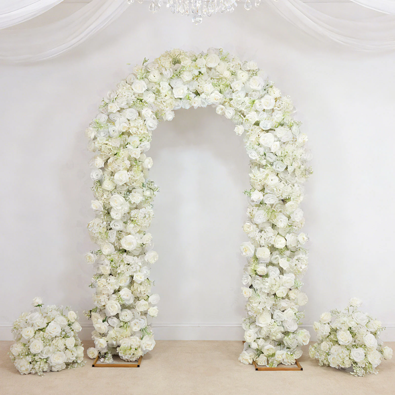 Flower Arch Backdrop White 4ft x 8ft Artificial Silk Roses & Baby's Breath Floral Arrangement for Round Top Double Arch Stand - Image 3