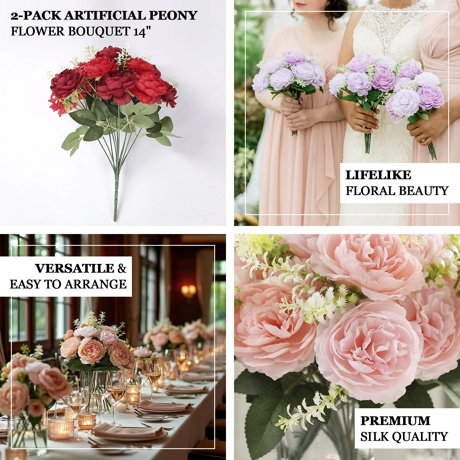 2-Pack Artificial Peony Flower Bouquet – 14" Burgundy Silk Floral Arrangement for Wedding Centerpieces, Home or Table Decor - Image 3
