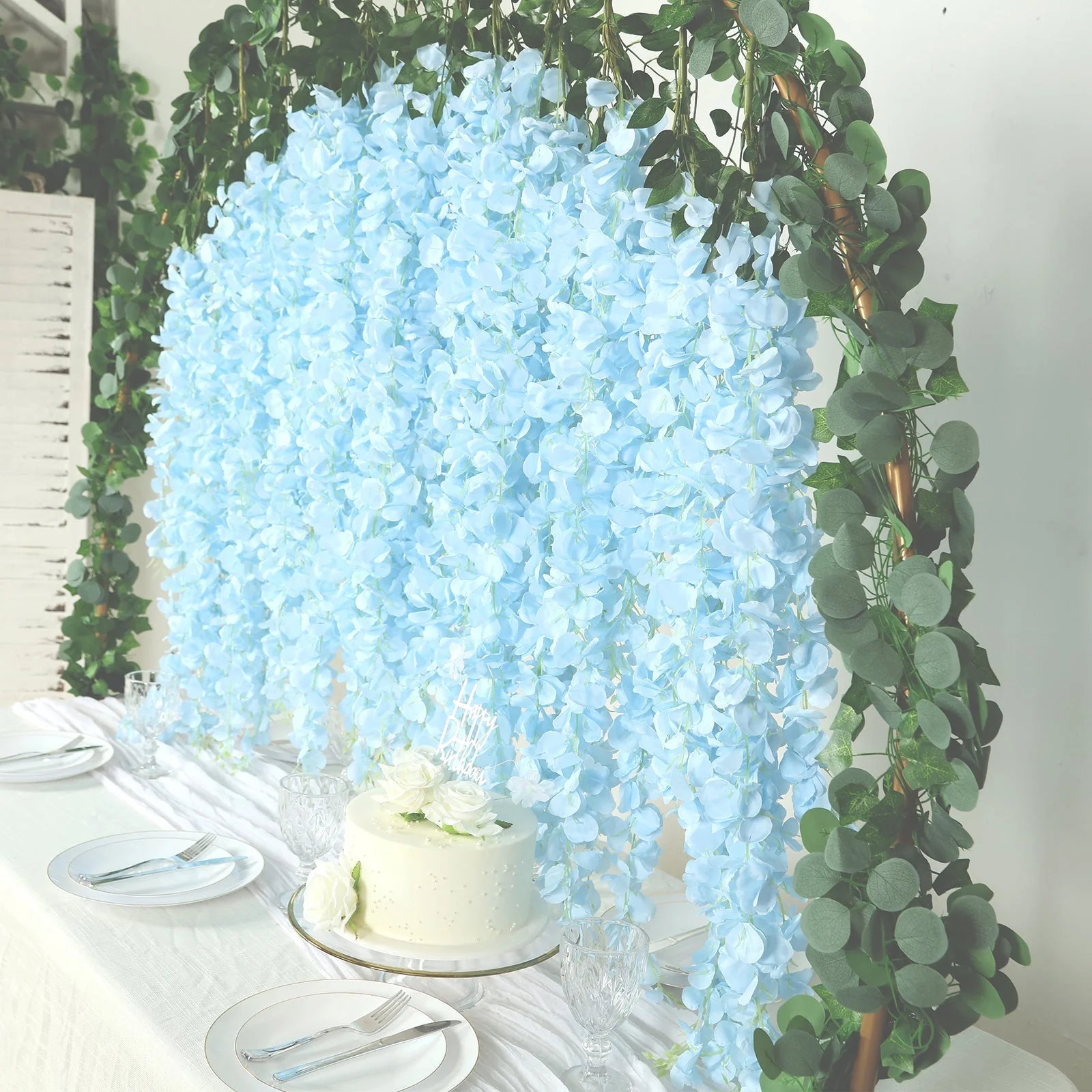 Artificial Silk Hanging Wisteria Flower Garland Vines in Light Blue, 5 Full Strands in 1 Bush - 42" - Image 5
