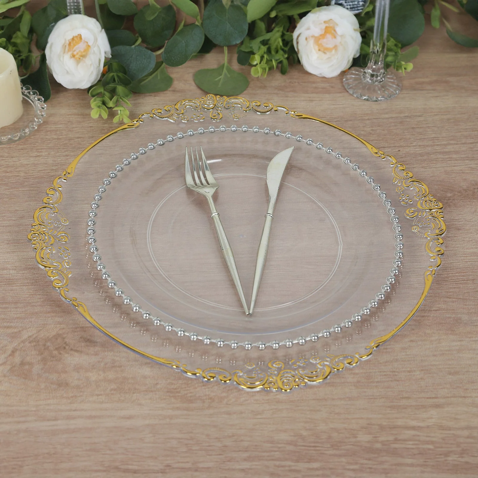 20-Pack Economy Plastic Charger Plates 13" Round Clear with Gold Embossed Baroque Rim - Stylish Dinner Party Serving Plates - Image 4