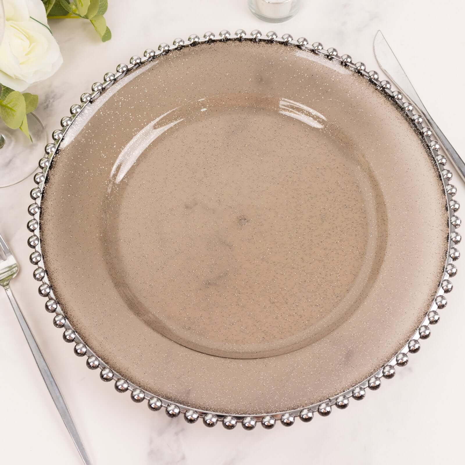 6-Pack Acrylic Charger Plates 13" Round Transparent Black with Silver Glittered Beaded Rim - Decorative Dinner Party Charger Tableware