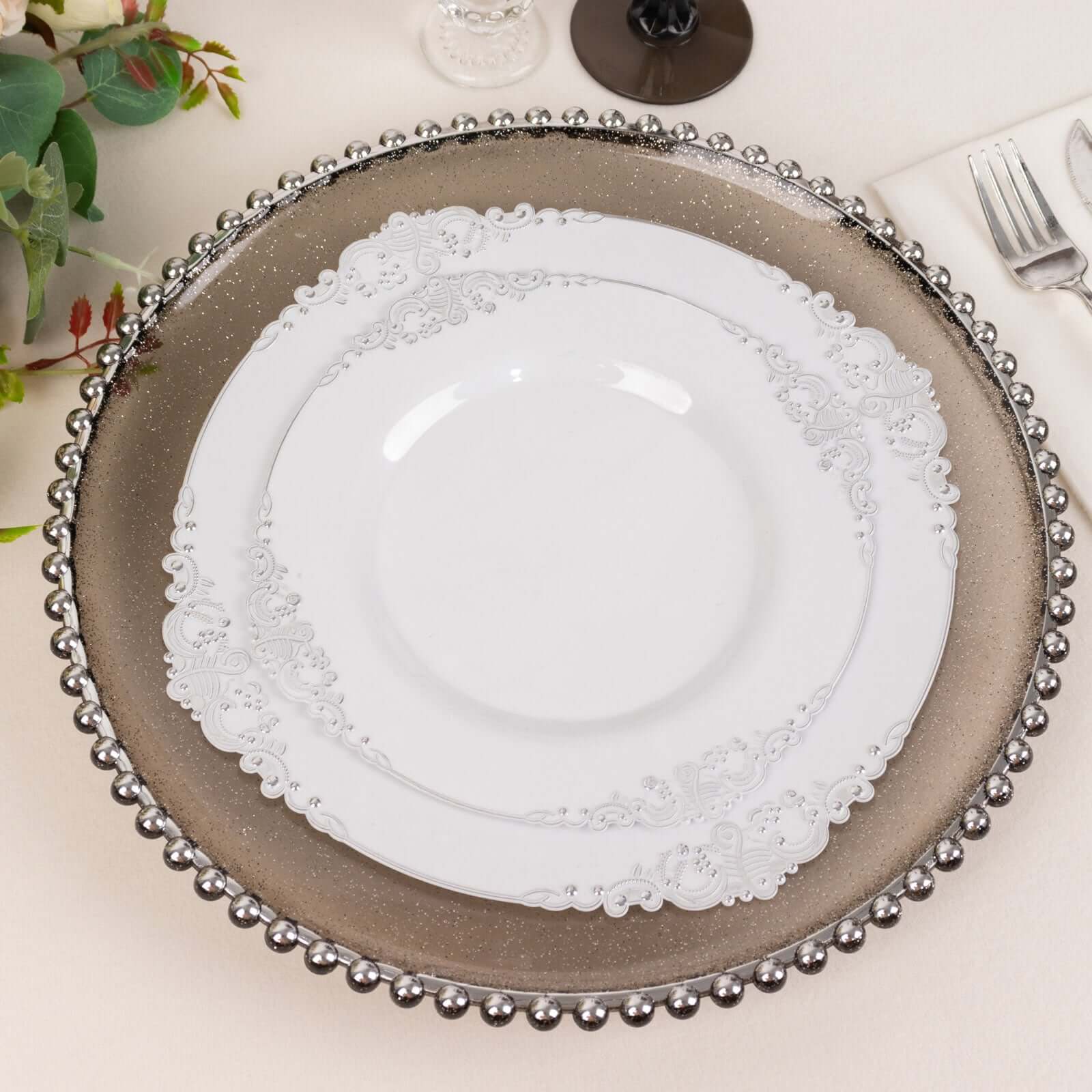 6-Pack Acrylic Charger Plates 13" Round Transparent Black with Silver Glittered Beaded Rim - Decorative Dinner Party Charger Tableware - Image 6