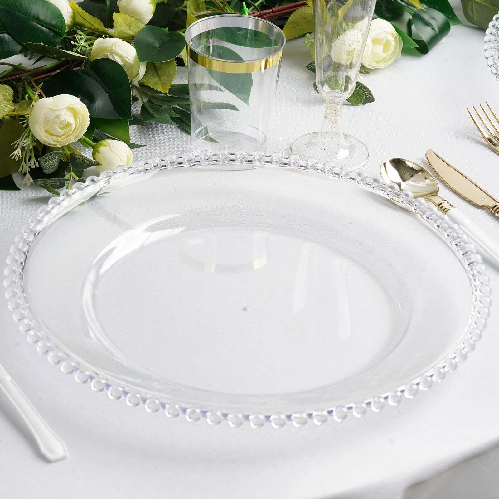 6-Pack Acrylic Charger Plates 13" Round Clear with Beaded Rim - Decorative Dinner Party Serving Plates