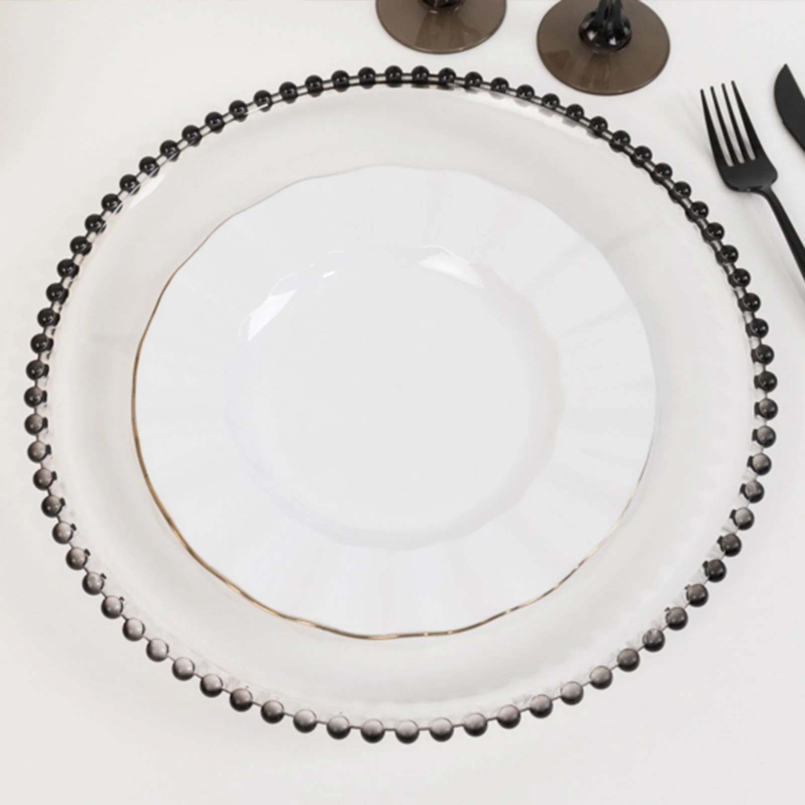 6-Pack Acrylic Charger Plates 13" Round Clear with Black Beaded Rim - Decorative Dinner Party Charger Tableware - Image 2