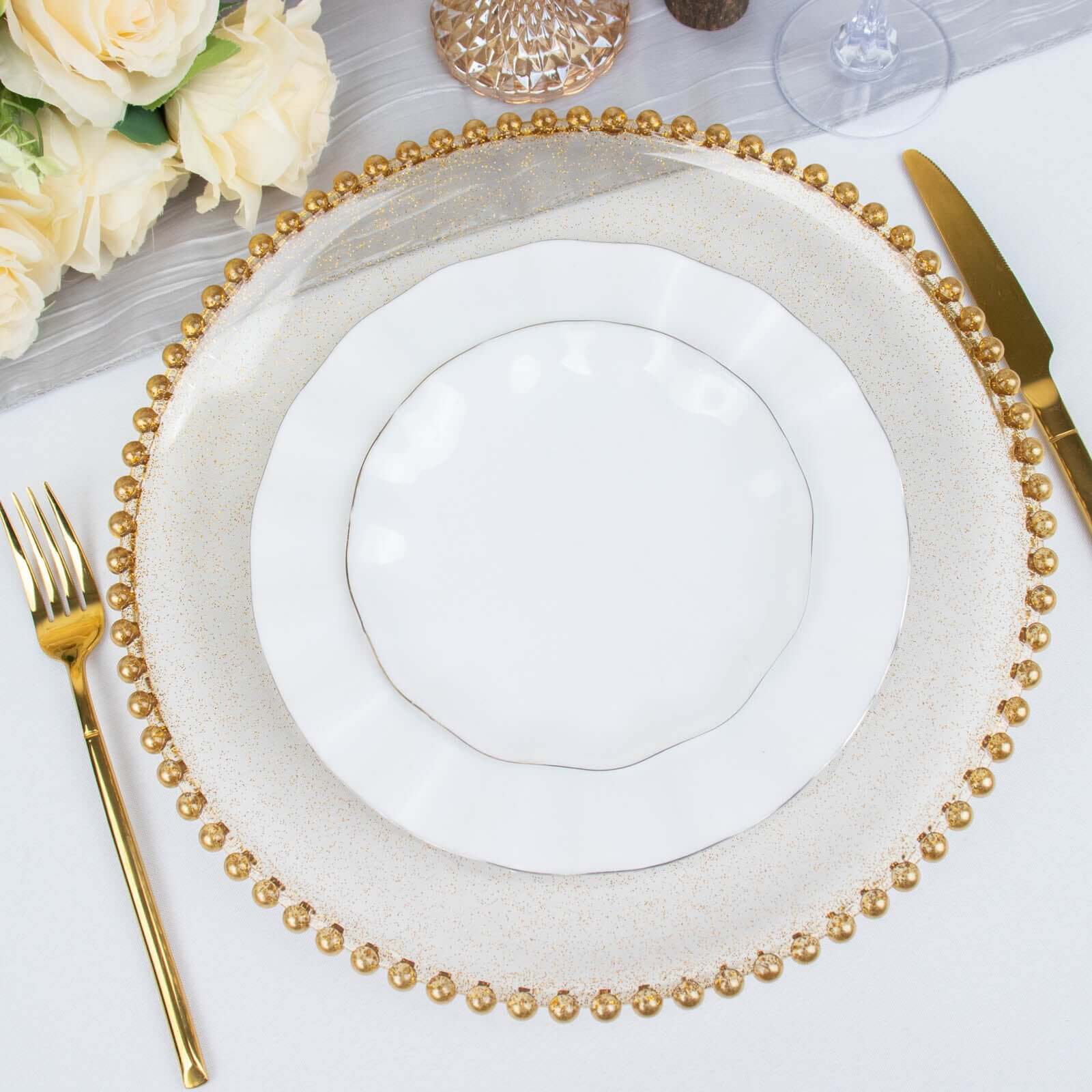 6-Pack Acrylic Charger Plates 13" Round Clear Gold Glittered with Beaded Rim - Decorative Dinner Party Serving Plates - Image 2