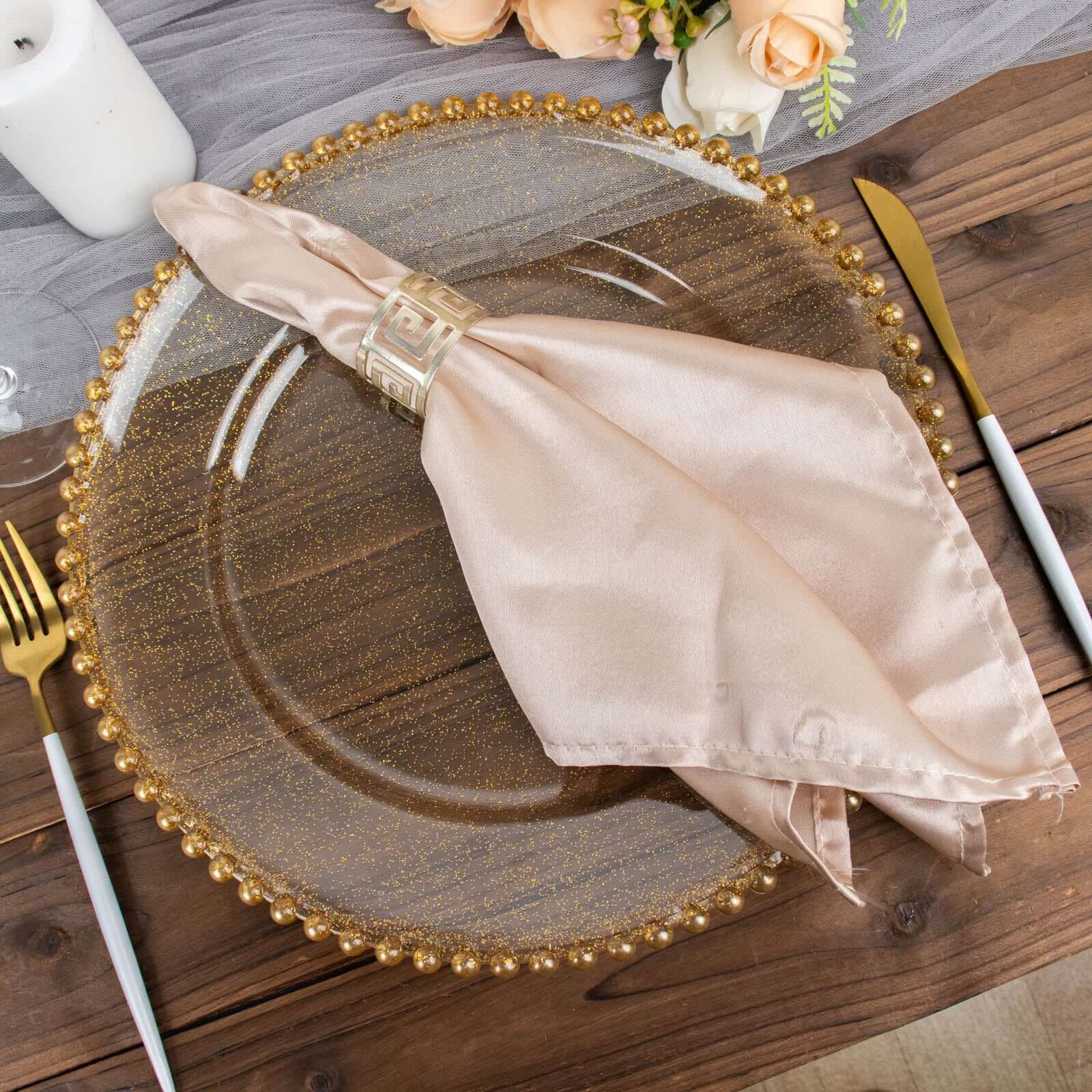 6-Pack Acrylic Charger Plates 13" Round Clear Gold Glittered with Beaded Rim - Decorative Dinner Party Serving Plates - Image 6